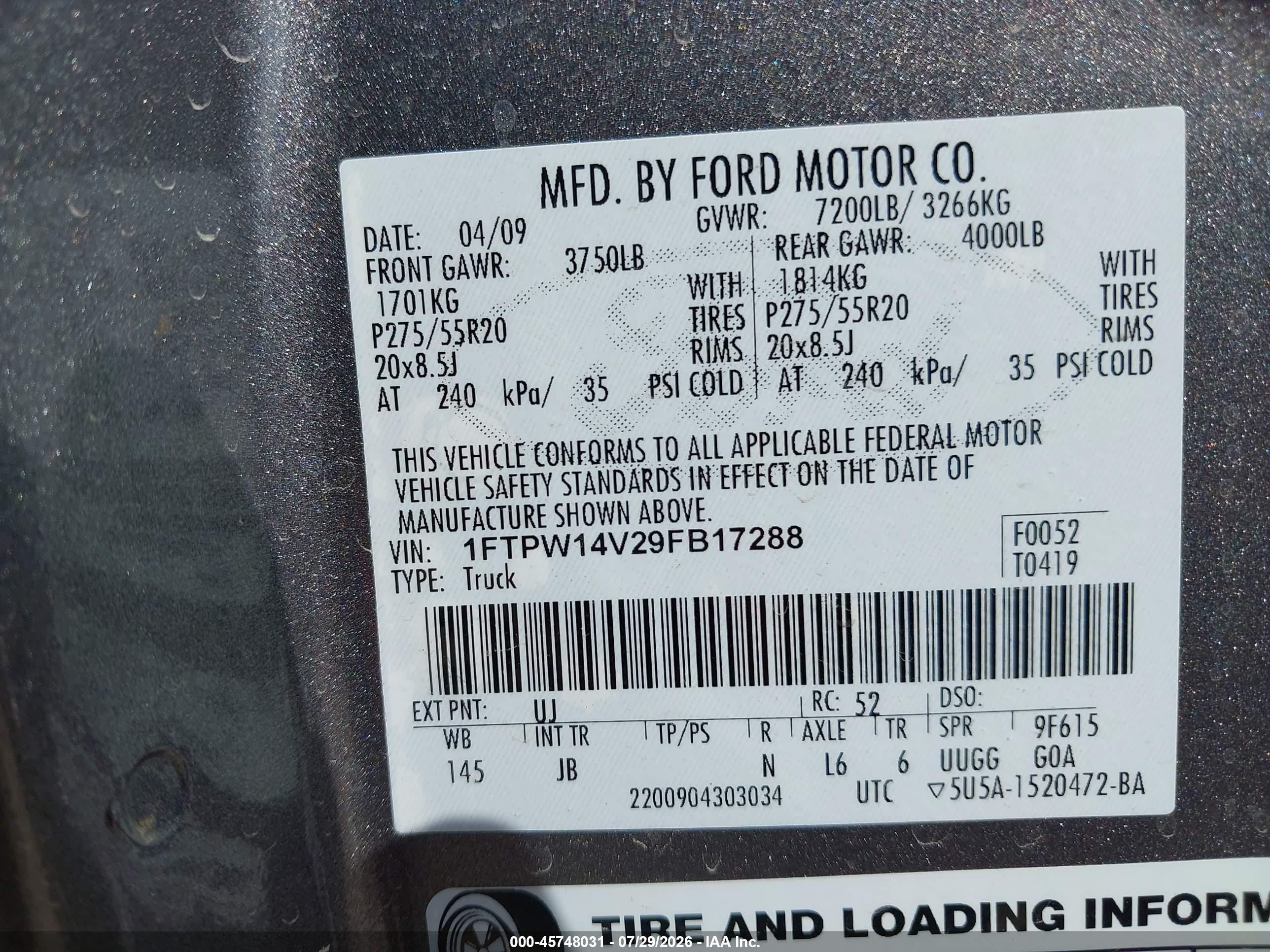 2009 Ford F-150 Fx4/king Ranch/lariat/platinum/xl/xlt Серый vin: 1FTPW14V29FB17288