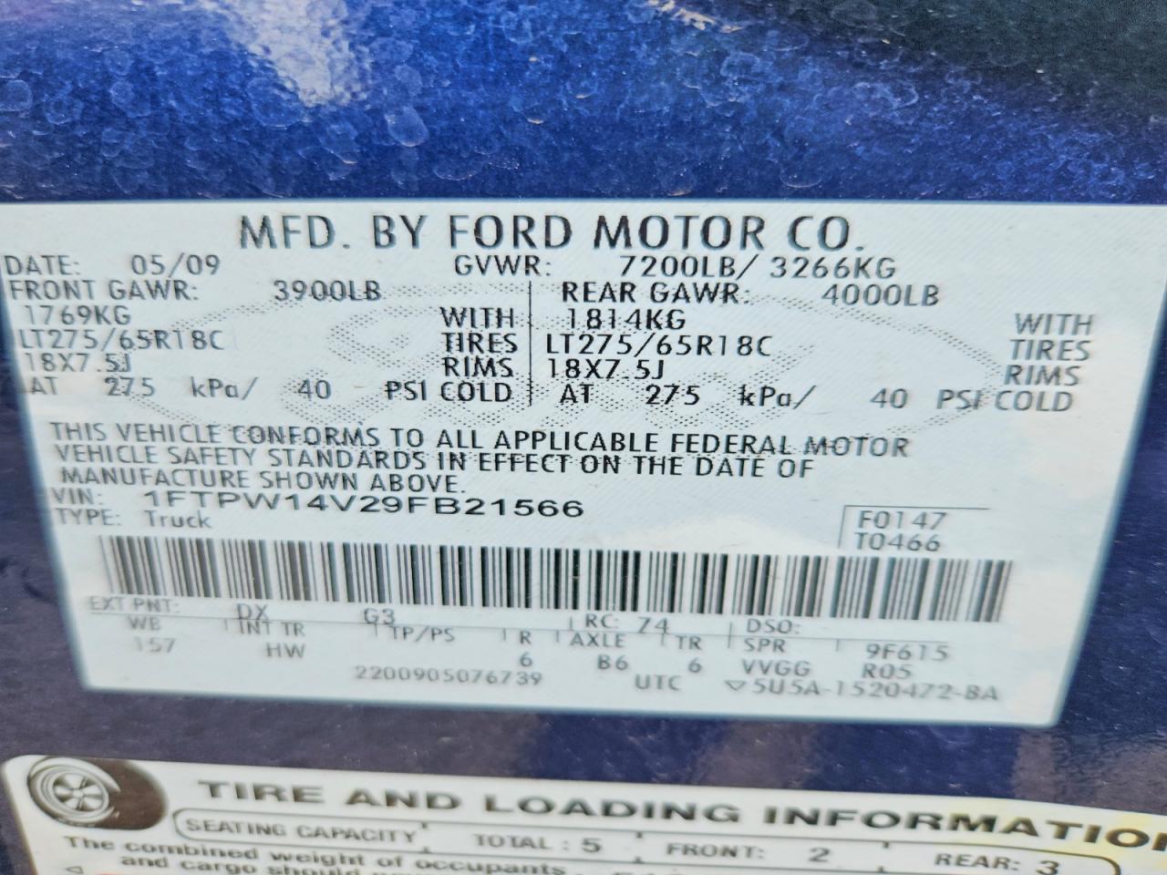 2009 Ford F150 Supercrew Blue vin: 1FTPW14V29FB21566