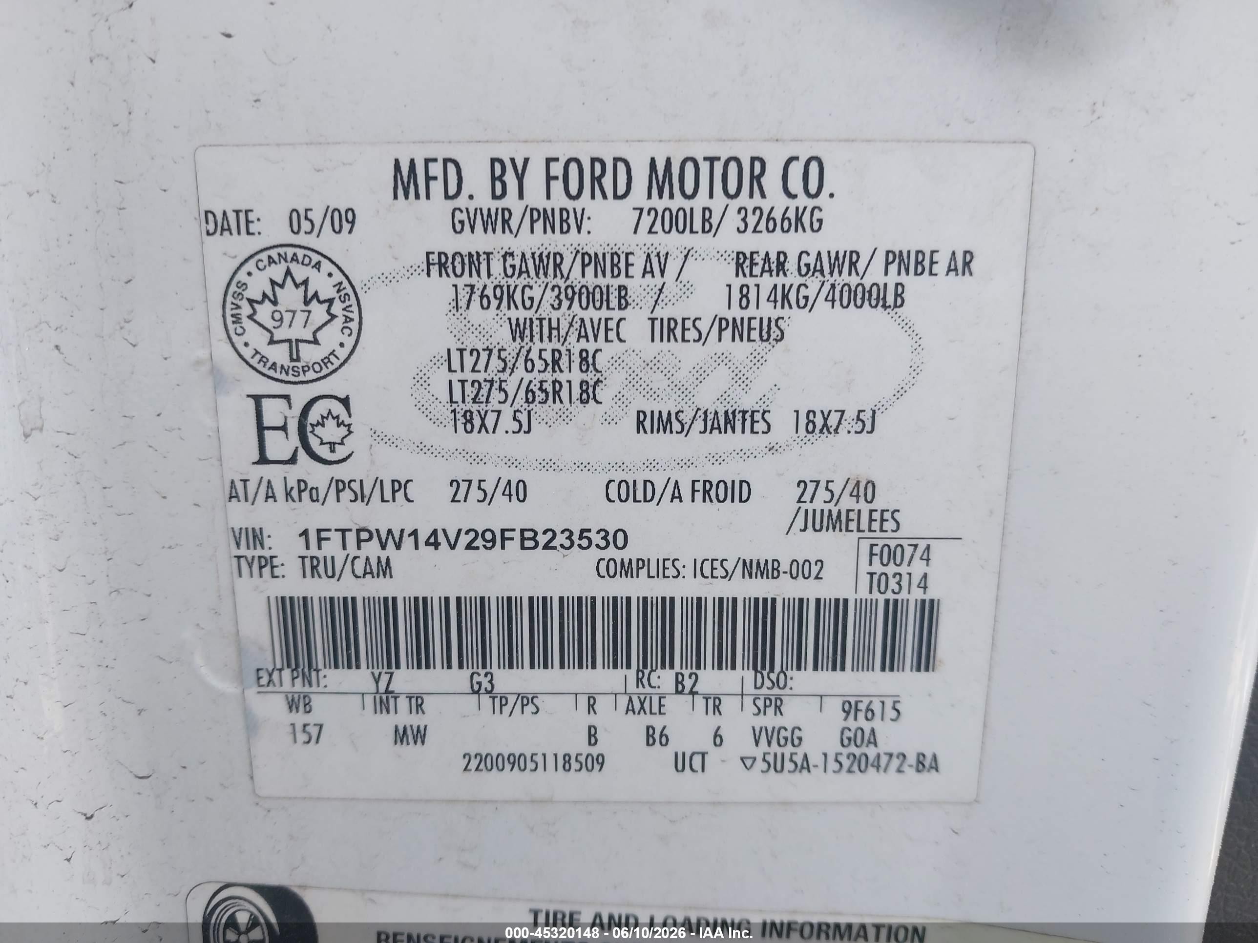 2009 Ford F-150 Fx4/king Ranch/lariat/platinum/xl/xlt White vin: 1FTPW14V29FB23530