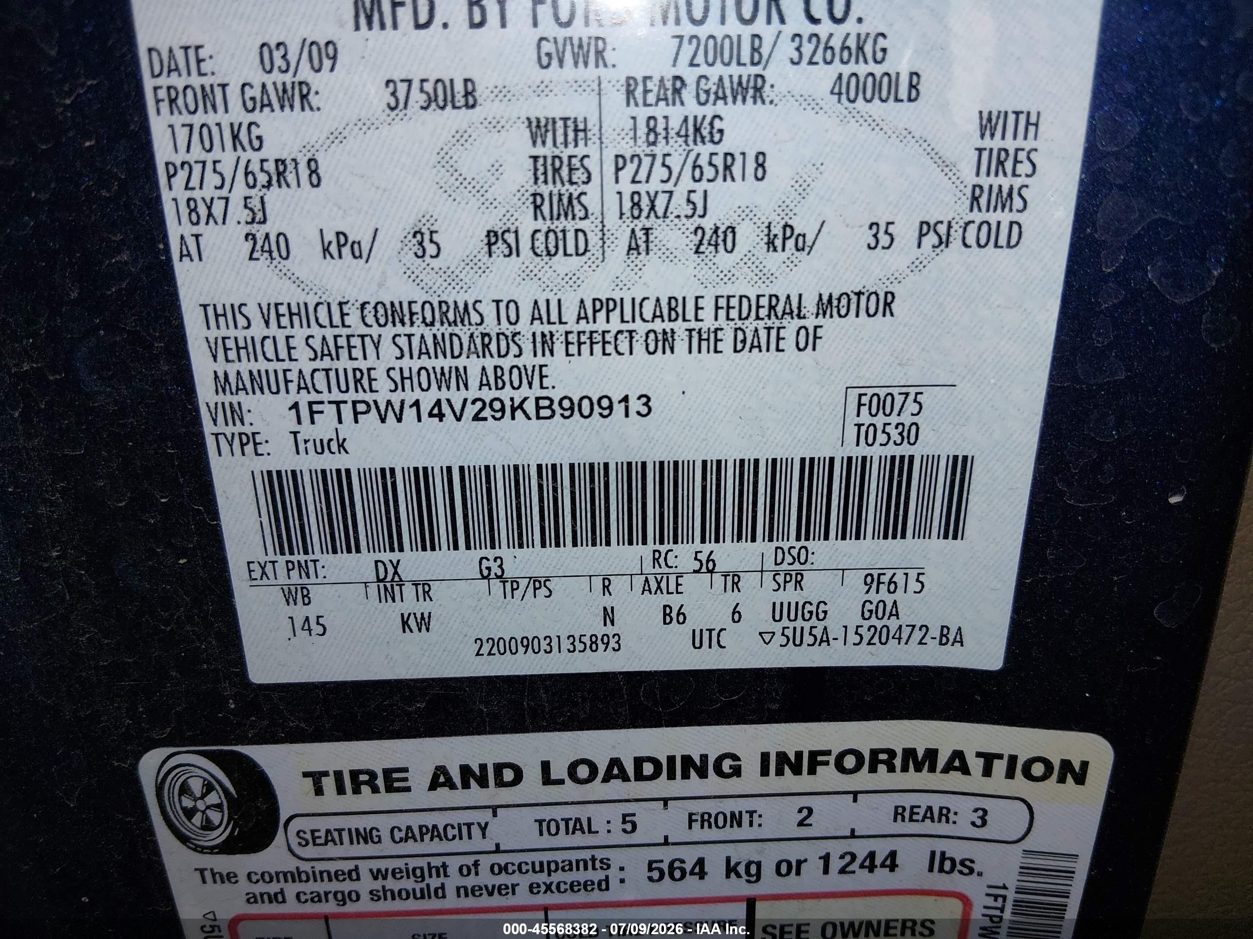2009 Ford F-150 Fx4/king Ranch/lariat/platinum/xl/xlt Blue vin: 1FTPW14V29KB90913