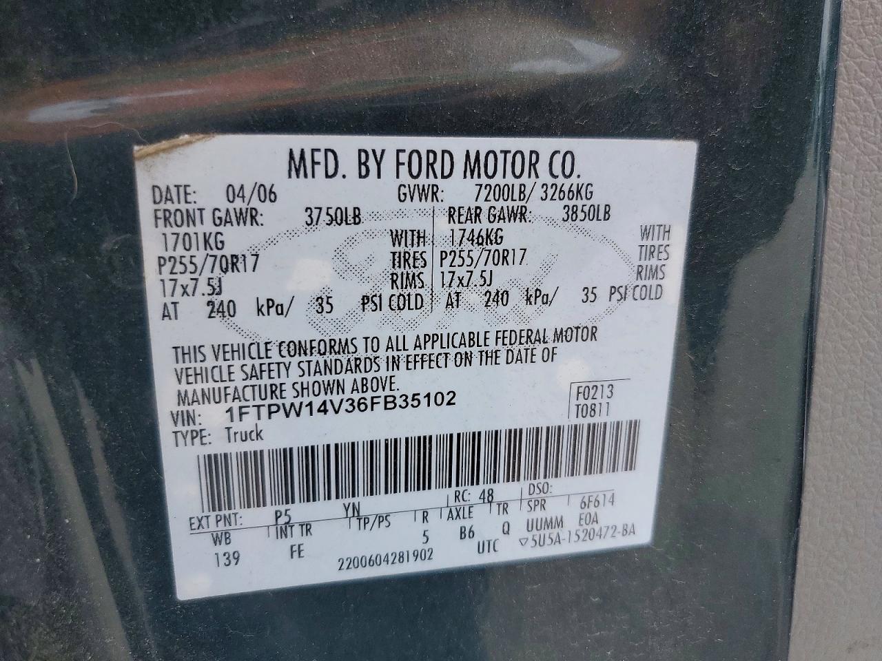 2006 Ford F150 Supercrew Green vin: 1FTPW14V36FB35102
