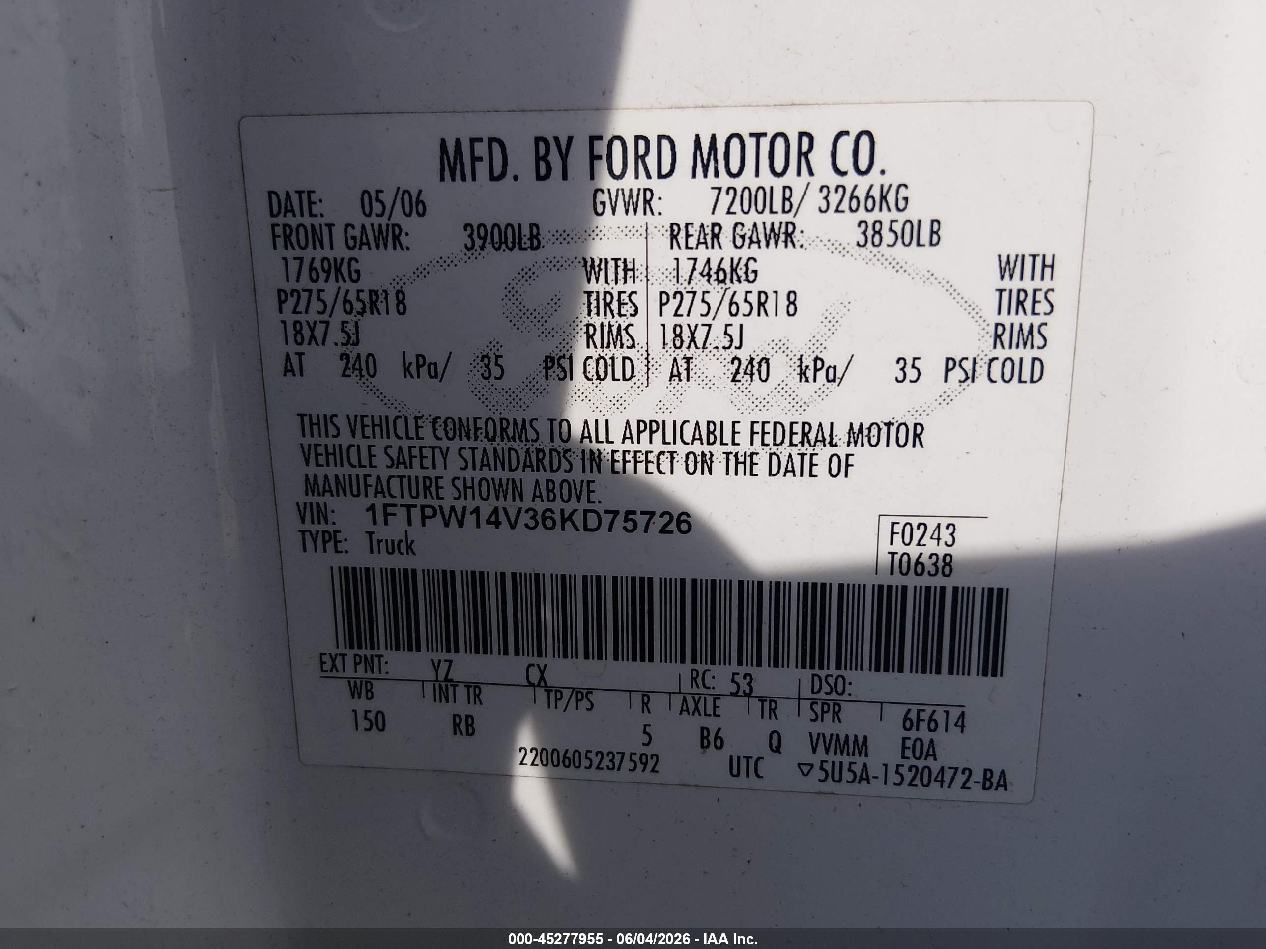 2006 Ford F-150 Fx4/lariat/xlt White vin: 1FTPW14V36KD75726