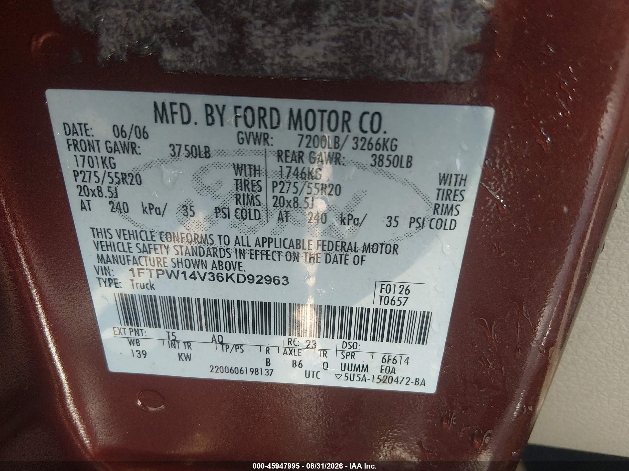 2006 Ford F-150 Fx4/lariat/xlt Red vin: 1FTPW14V36KD92963