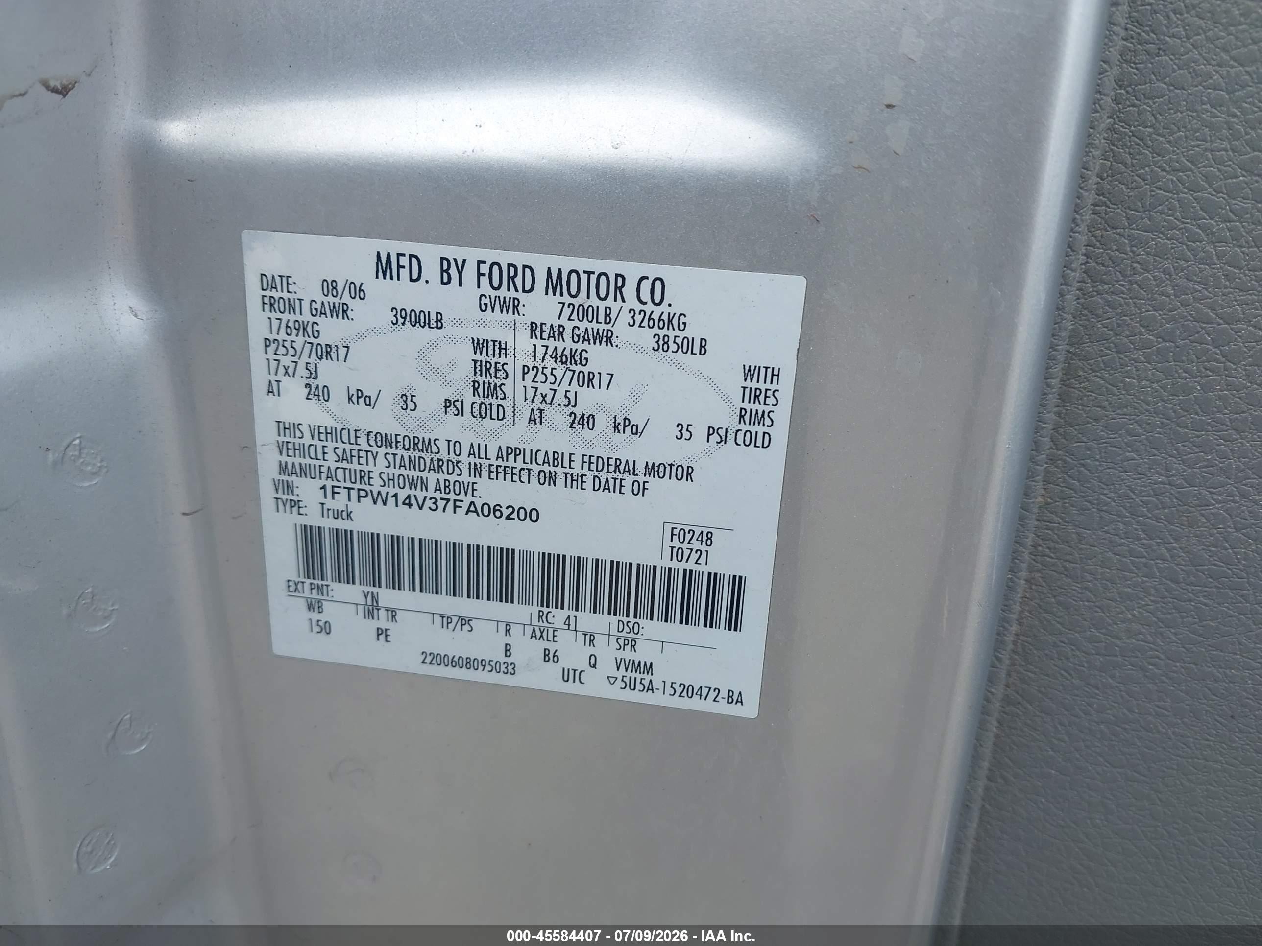 2007 Ford F-150 Fx4/lariat/xlt Silver vin: 1FTPW14V37FA06200