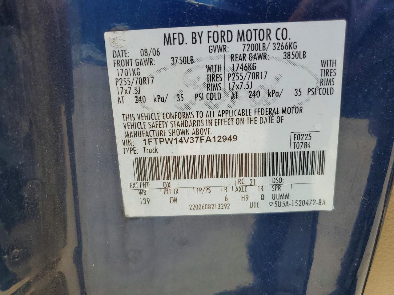 2007 Ford F150 Supercrew Blue vin: 1FTPW14V37FA12949
