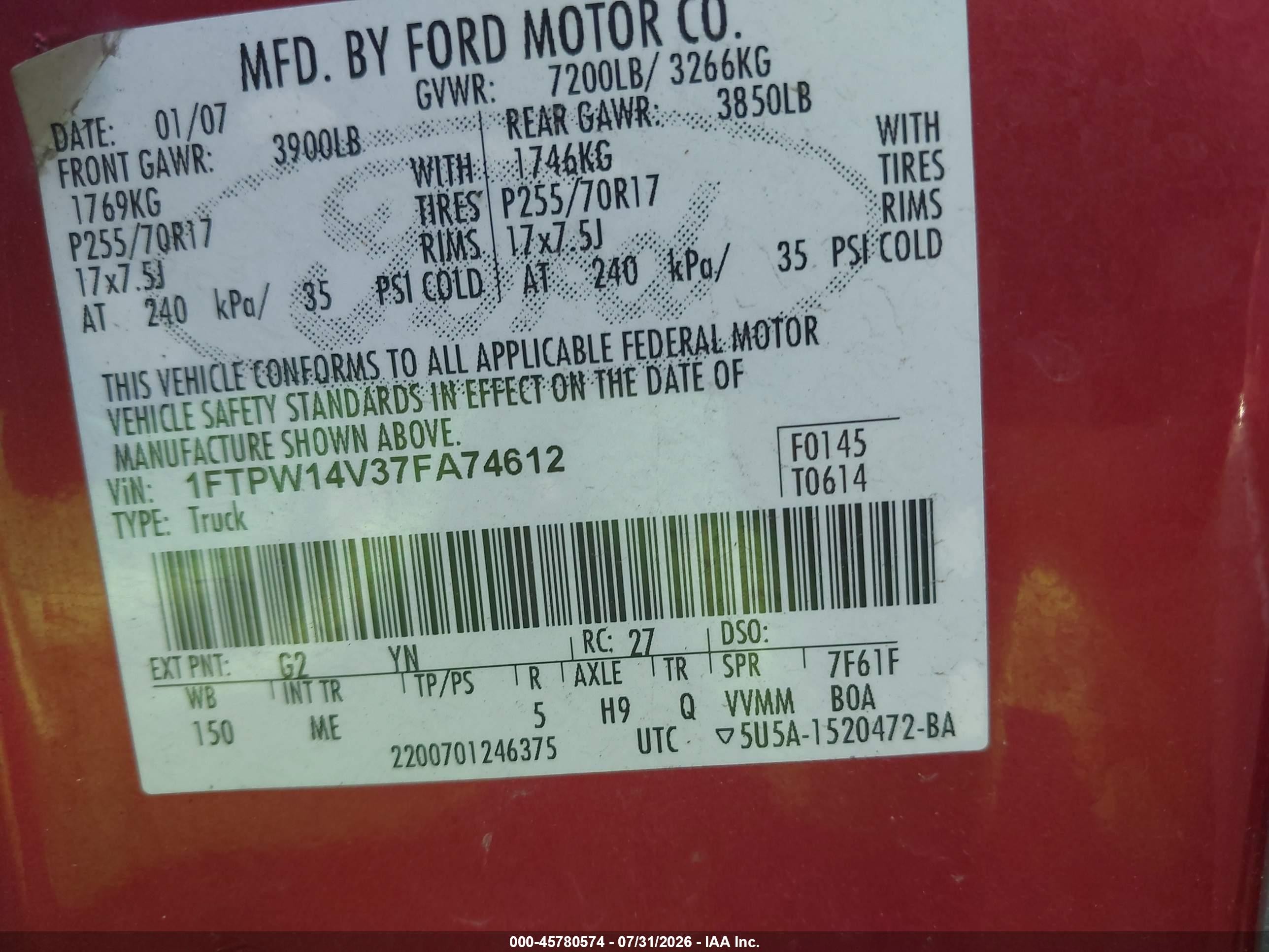 2007 Ford F-150 Fx4/lariat/xlt Red vin: 1FTPW14V37FA74612