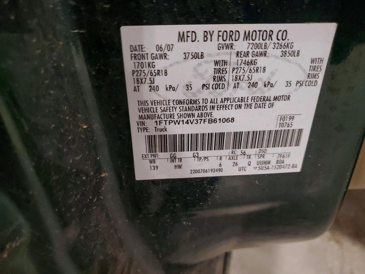 2007 Ford F150 Supercrew Green vin: 1FTPW14V37FB61068