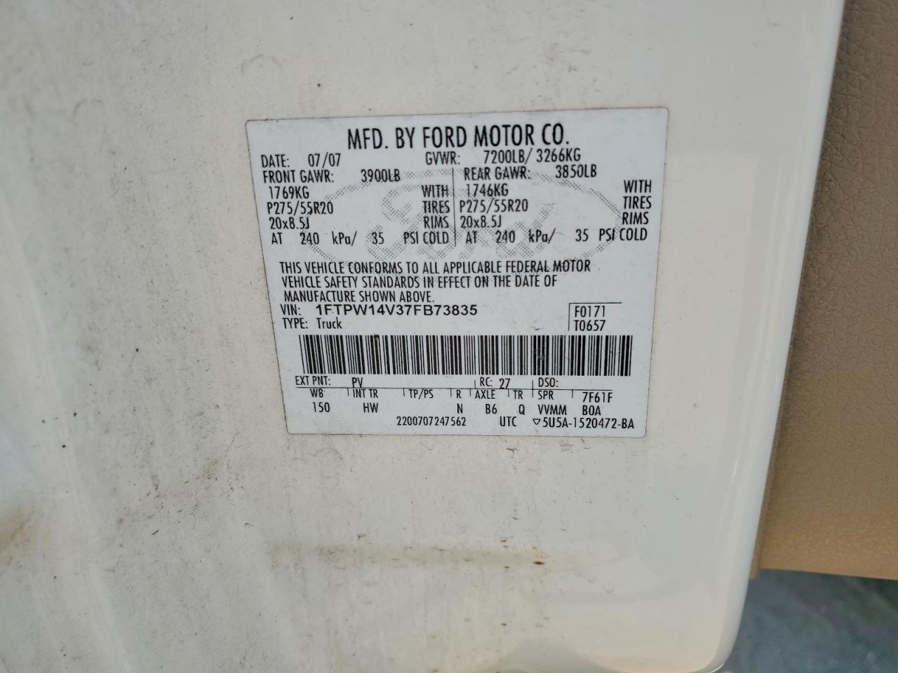2007 Ford F150 Supercrew White vin: 1FTPW14V37FB73835
