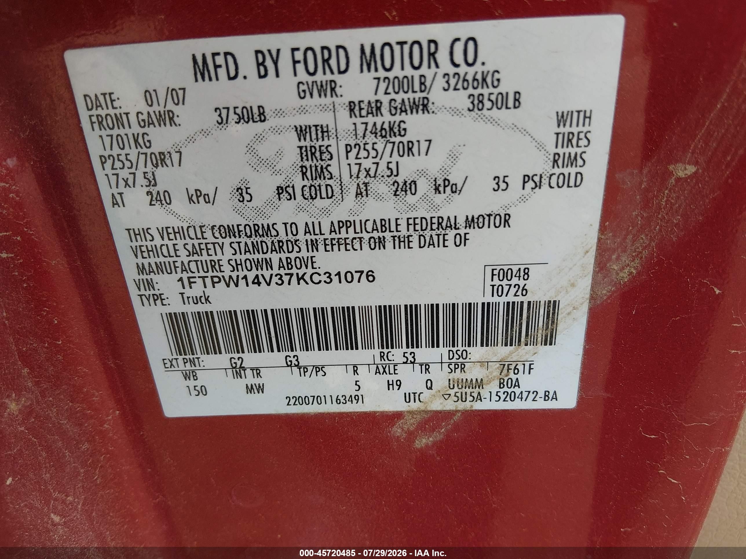 2007 Ford F-150 Fx4/lariat/xlt Red vin: 1FTPW14V37KC31076