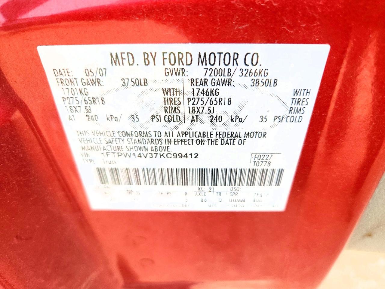 2007 Ford F150 Supercrew Red vin: 1FTPW14V37KC99412