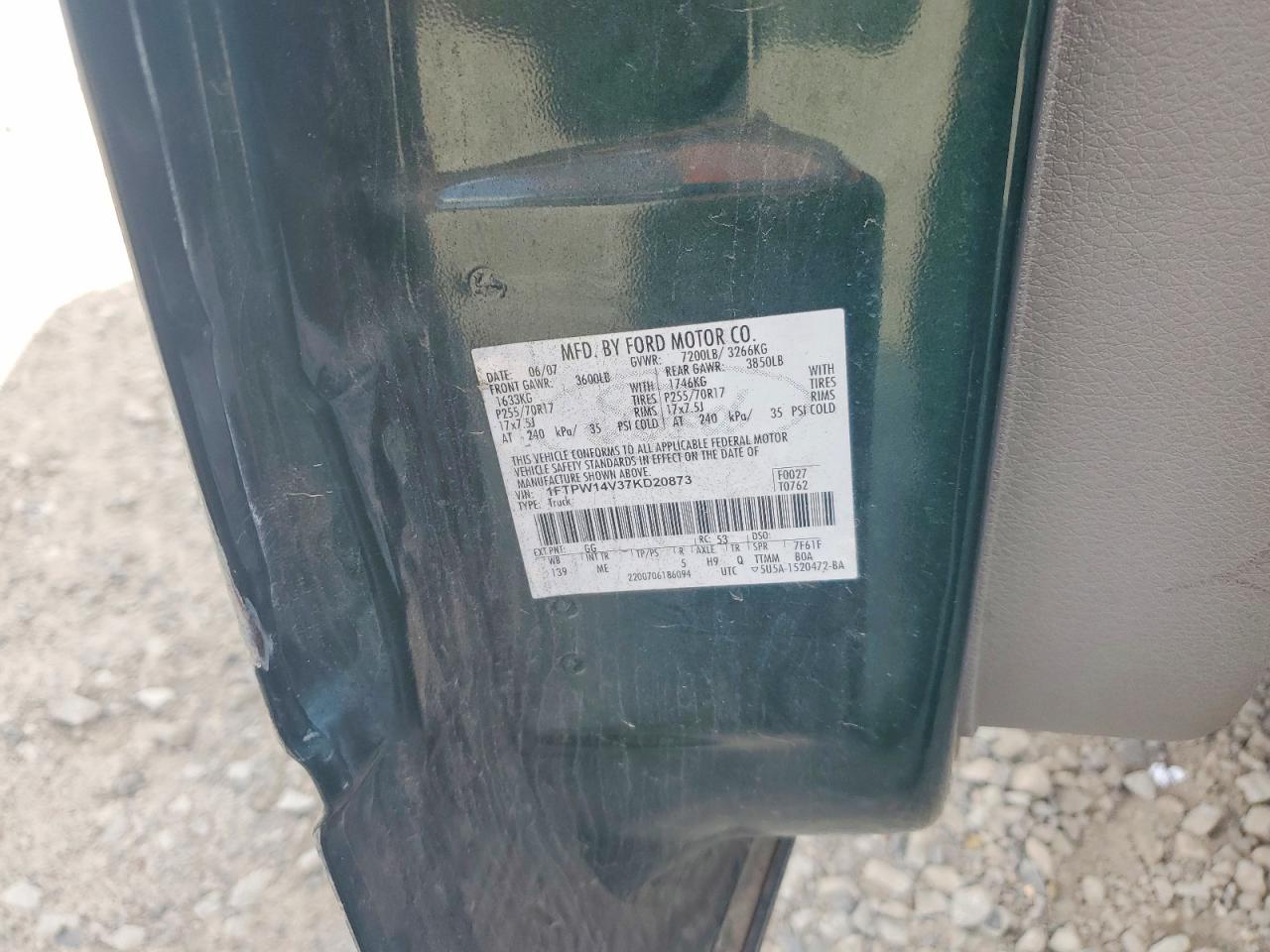 2007 Ford F150 Supercrew Green vin: 1FTPW14V37KD20873