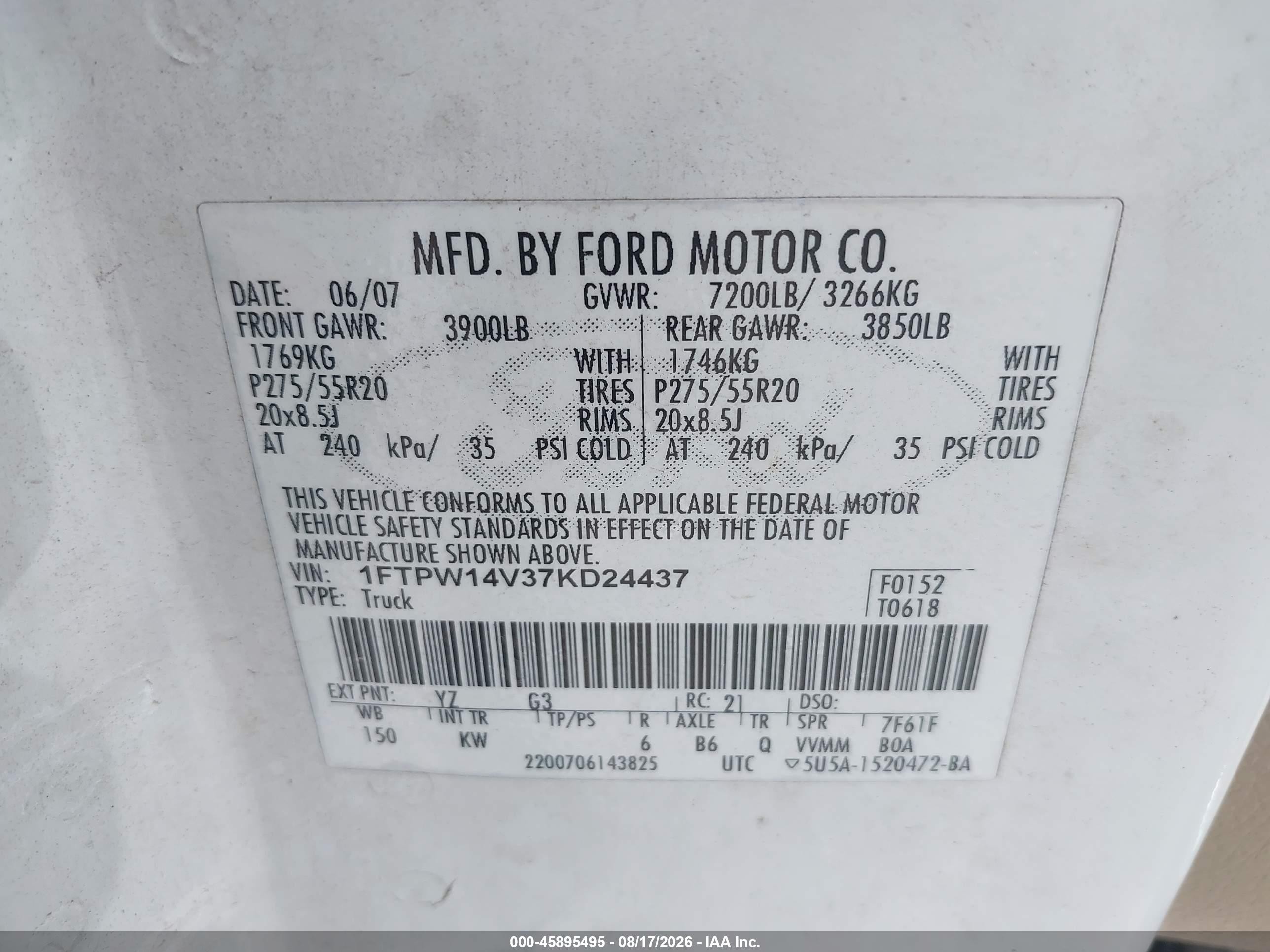 2007 Ford F-150 Fx4/lariat/xlt Белый vin: 1FTPW14V37KD24437
