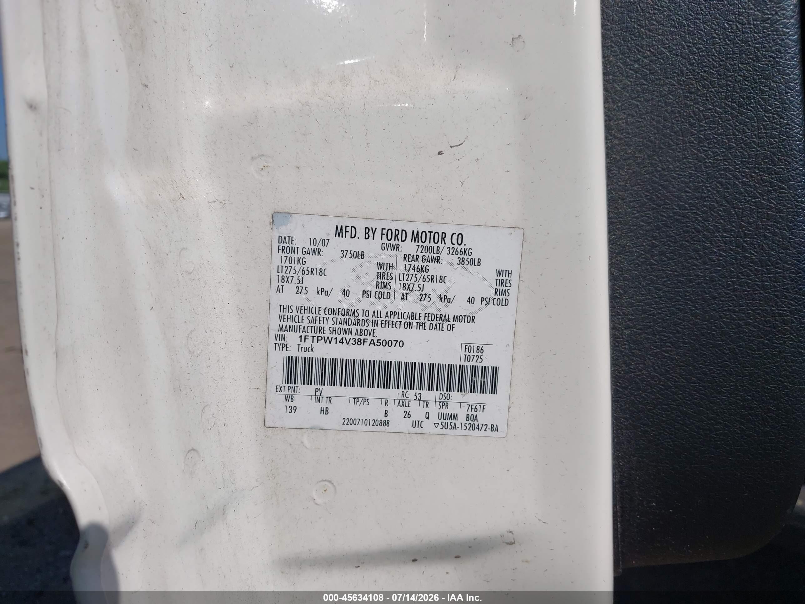 2008 Ford F-150 Lariat White vin: 1FTPW14V38FA50070
