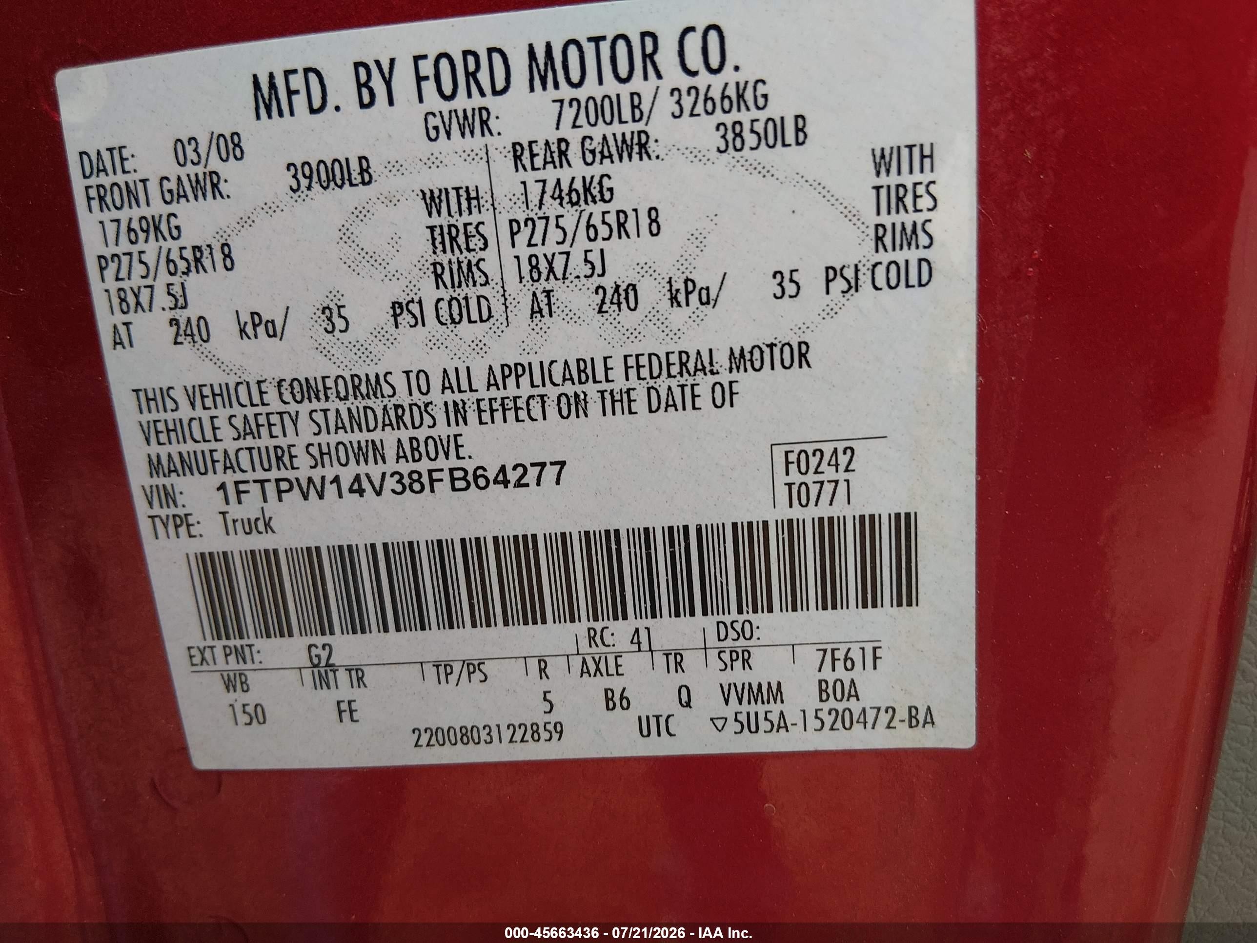 2008 Ford F-150 60th Anniversary/fx4/king Ranch/lariat/xlt Burgundy vin: 1FTPW14V38FB64277