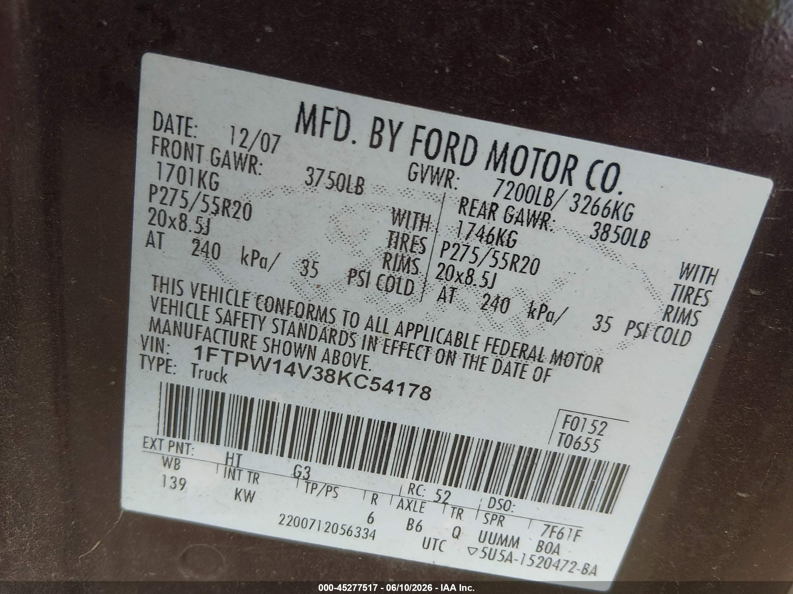 2008 Ford F-150 60th Anniversary/fx4/king Ranch/lariat/xlt Maroon vin: 1FTPW14V38KC54178