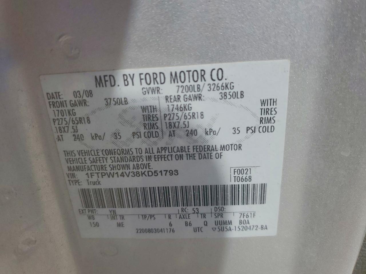 2008 Ford F150 Supercrew Silver vin: 1FTPW14V38KD51798