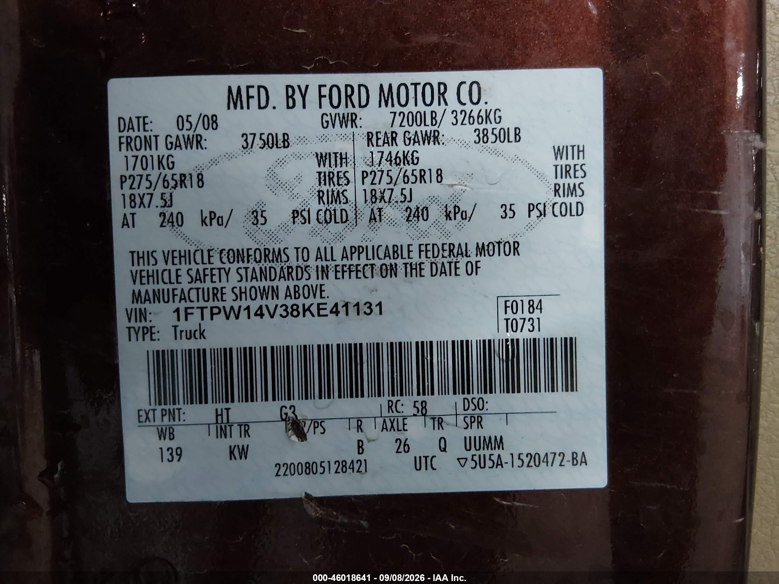 2008 Ford F-150 60th Anniversary/fx4/king Ranch/lariat/xlt Maroon vin: 1FTPW14V38KE41131