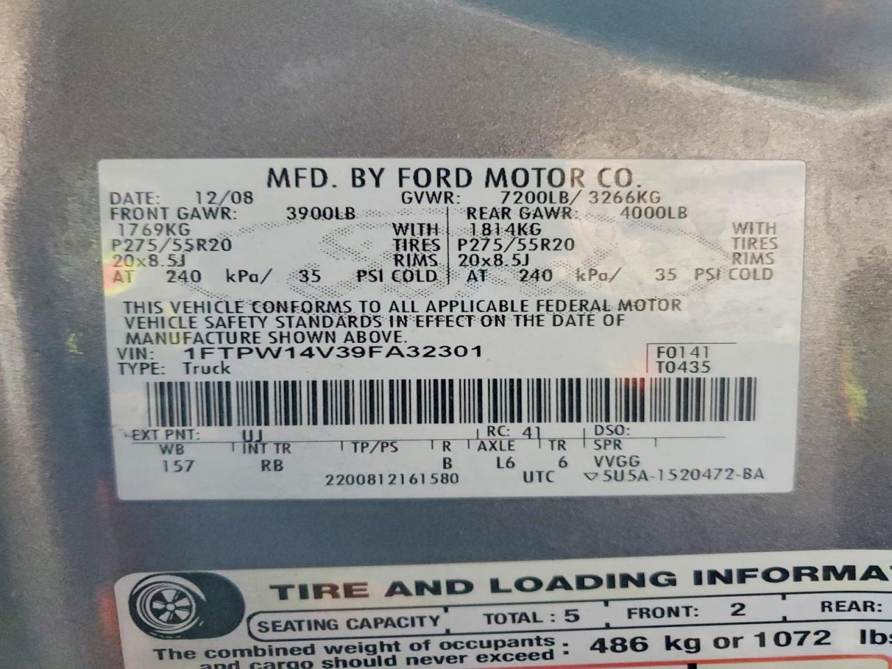 2009 Ford F150 Supercrew Gray vin: 1FTPW14V39FA32301