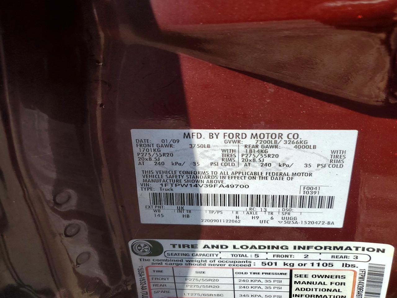 2009 Ford F150 Supercrew Burgundy vin: 1FTPW14V39FA49700