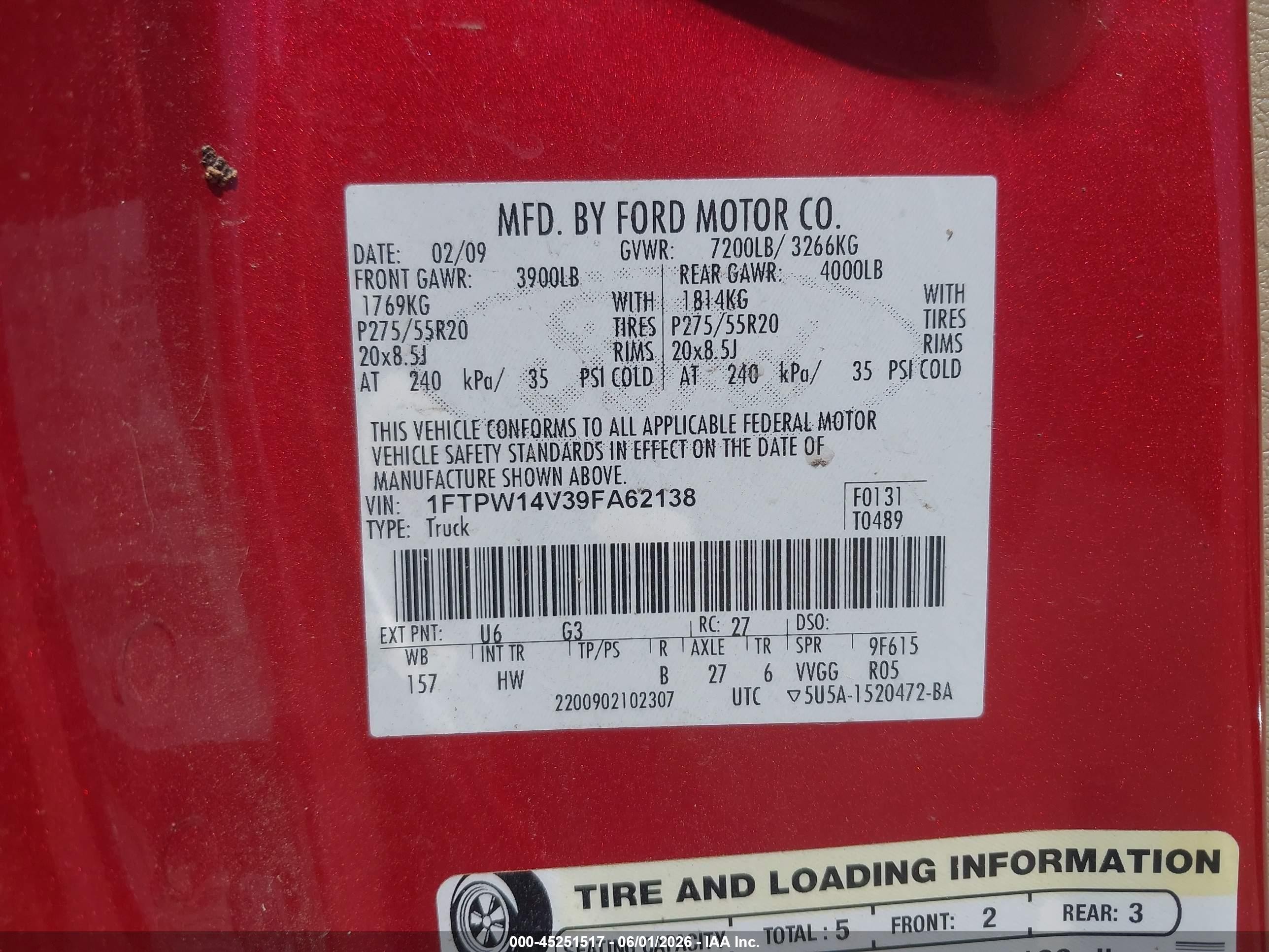 2009 Ford F-150 Lariat Красный vin: 1FTPW14V39FA62138