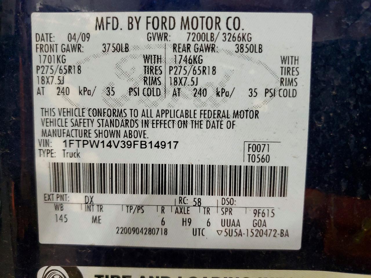2009 Ford F150 Supercrew Blue vin: 1FTPW14V39FB14917