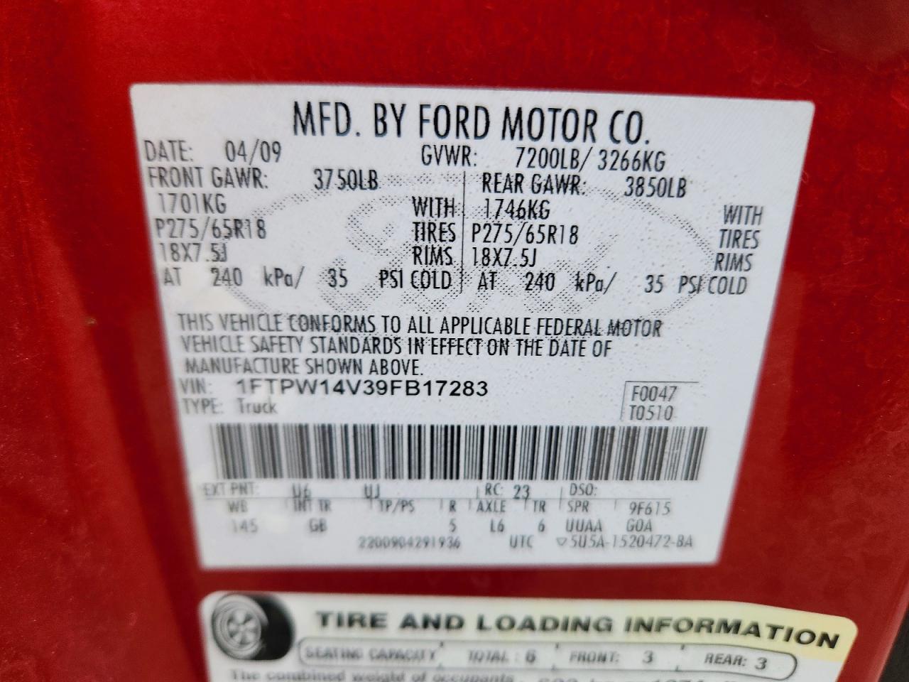 2009 Ford F150 Supercrew Red vin: 1FTPW14V39FB17283
