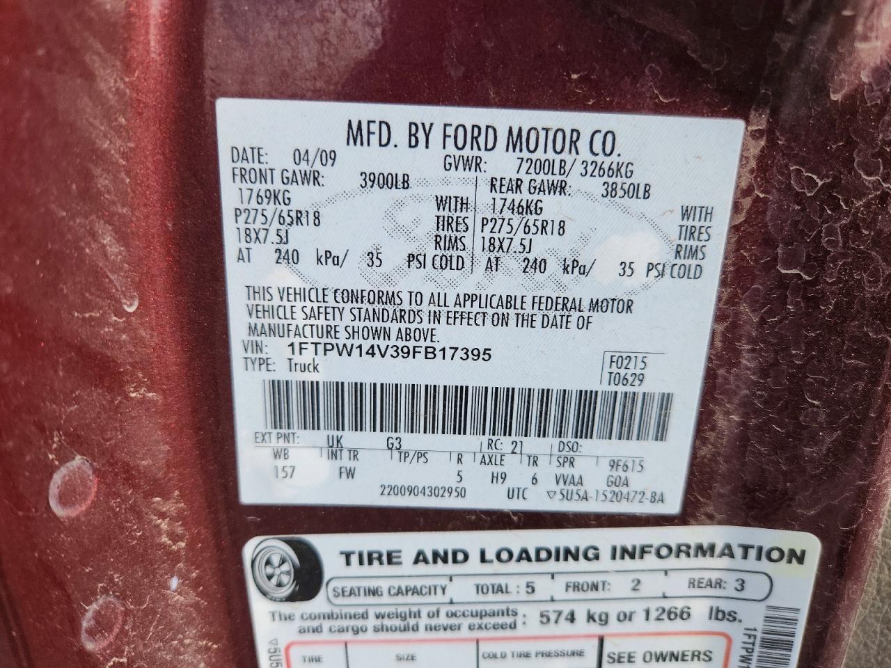 2009 Ford F150 Supercrew Maroon vin: 1FTPW14V39FB17395