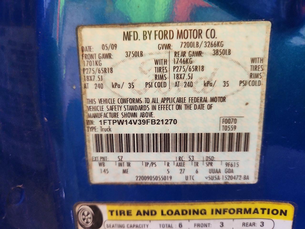 2009 Ford F150 Supercrew Blue vin: 1FTPW14V39FB21270