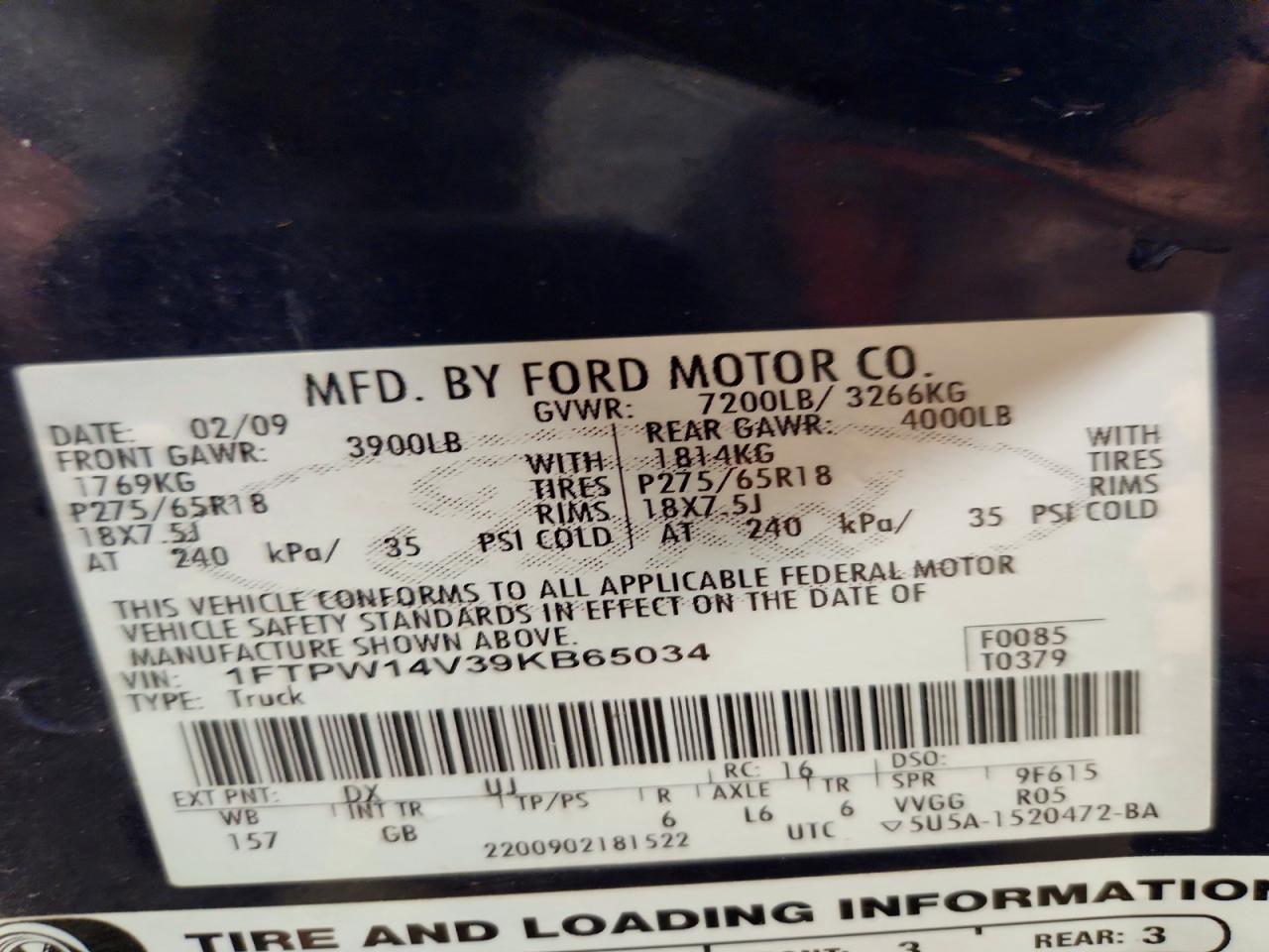 2009 Ford F150 Supercrew Blue vin: 1FTPW14V39KB65034