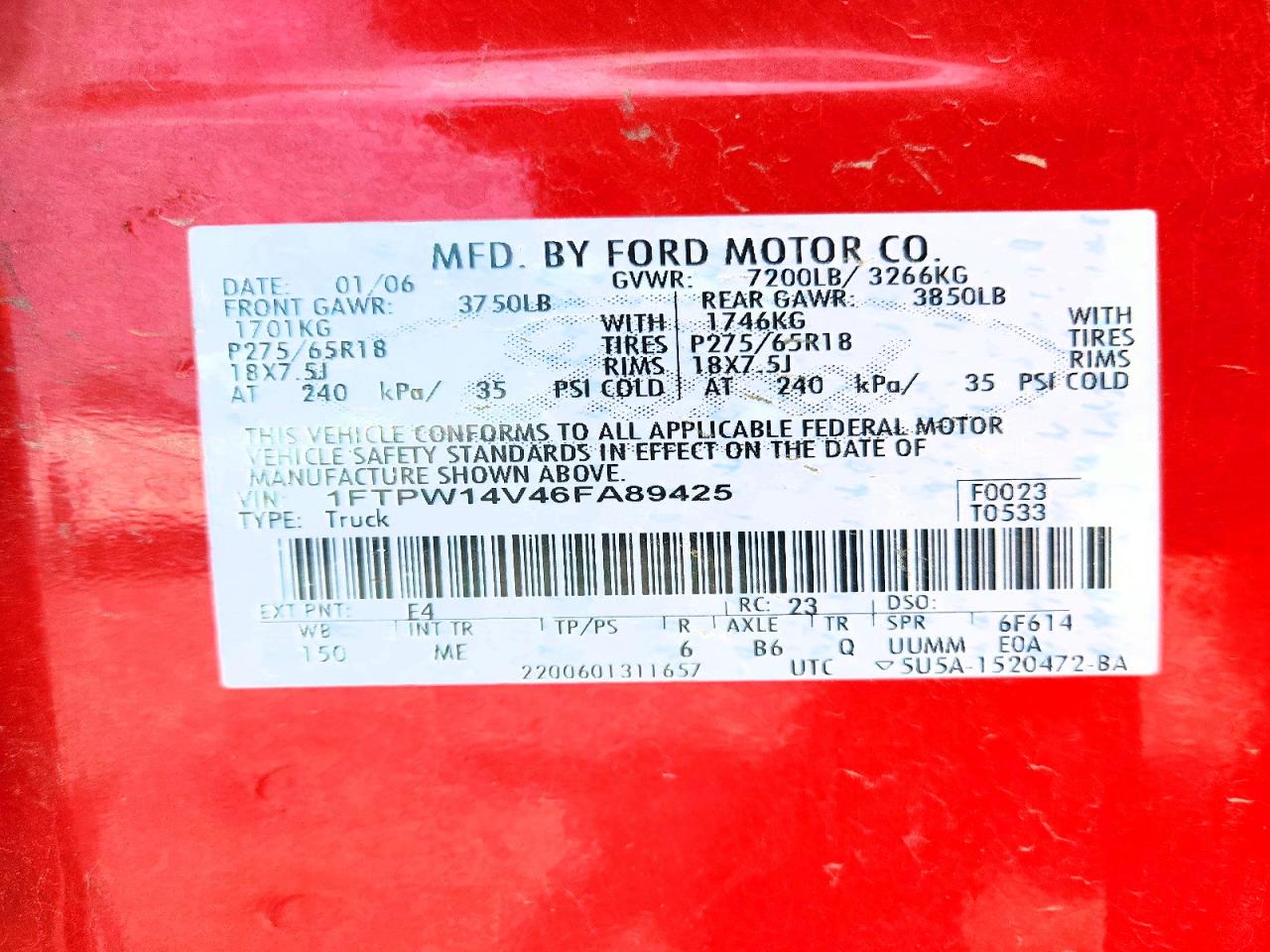 2006 Ford F150 Supercrew Red vin: 1FTPW14V46FA89425