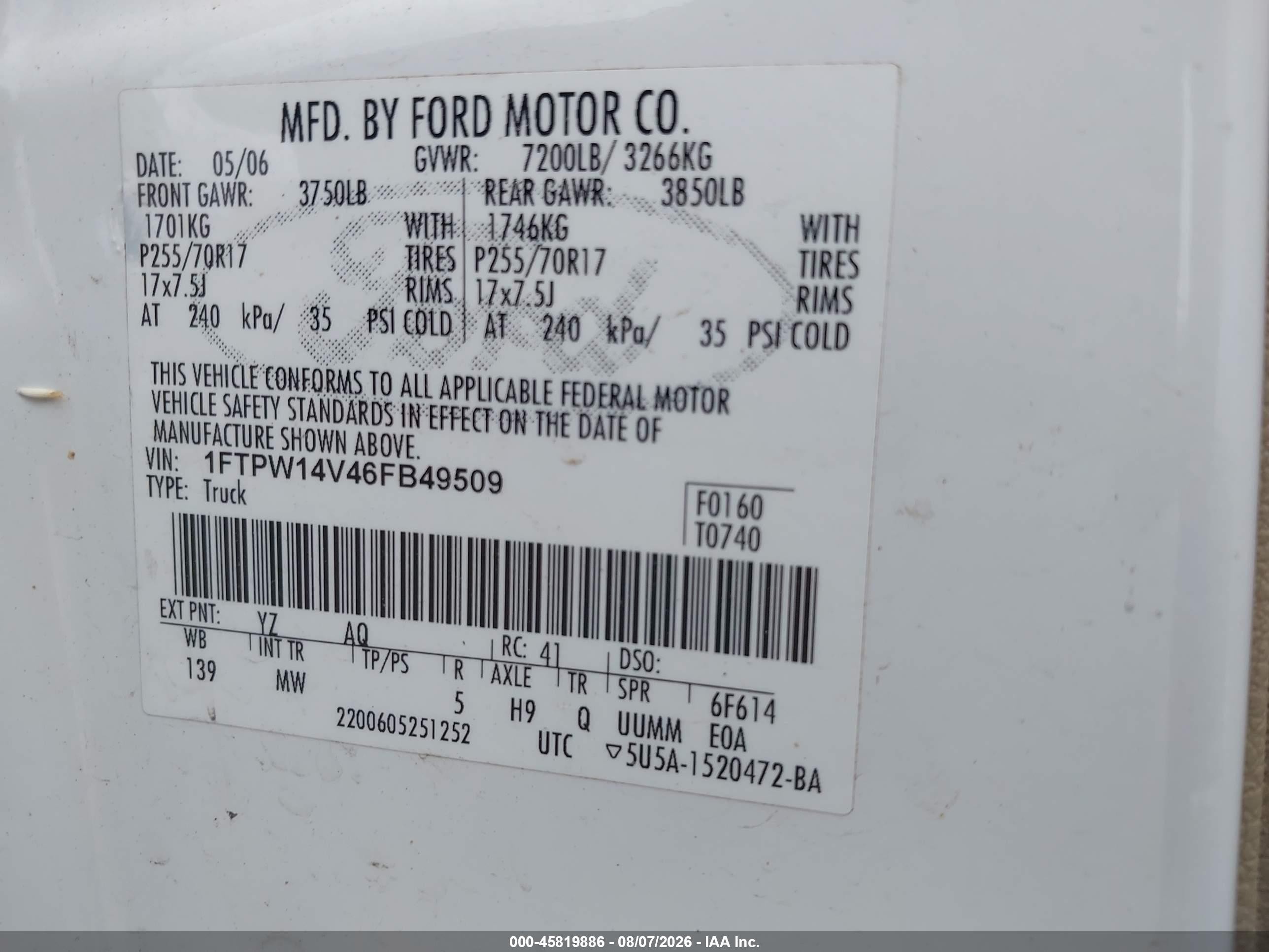 2006 Ford F-150 Fx4/lariat/xlt White vin: 1FTPW14V46FB49509
