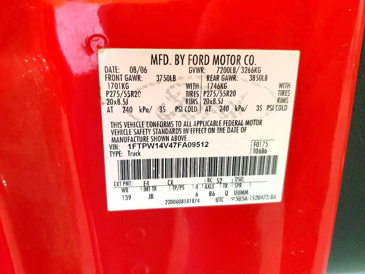 2007 Ford F150 Supercrew Red vin: 1FTPW14V47FA09512