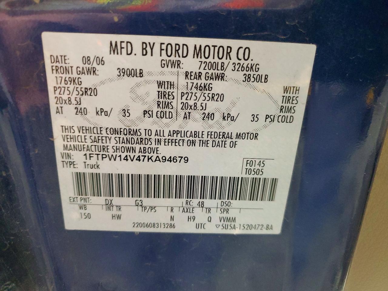 2007 Ford F150 Supercrew Blue vin: 1FTPW14V47KA94679