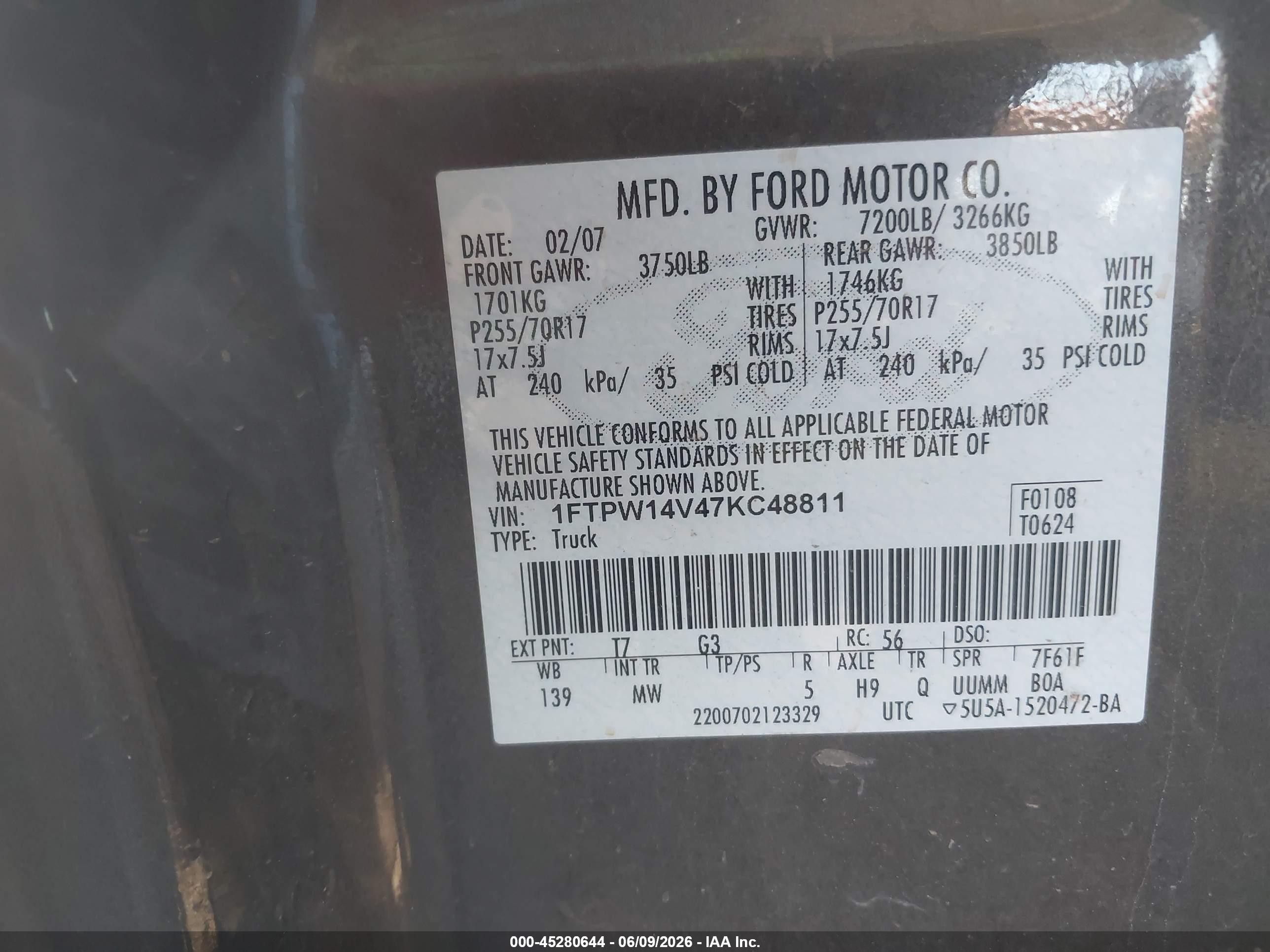 2007 Ford F-150 Fx4/lariat/xlt Black vin: 1FTPW14V47KC48811