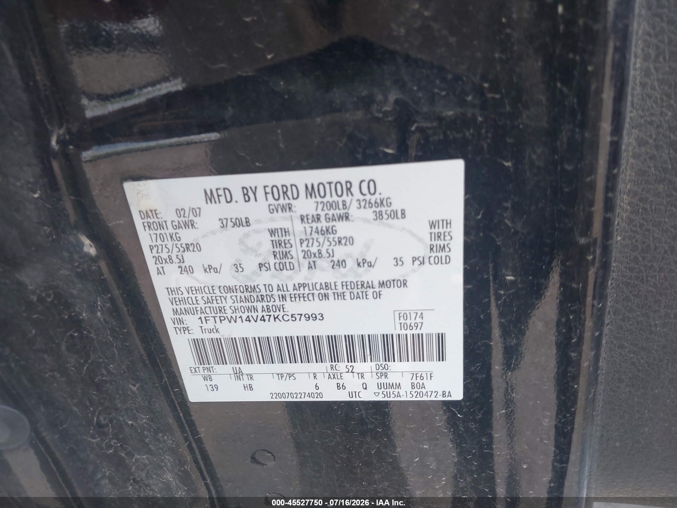 2007 Ford F-150   Black vin: 1FTPW14V47KC57993