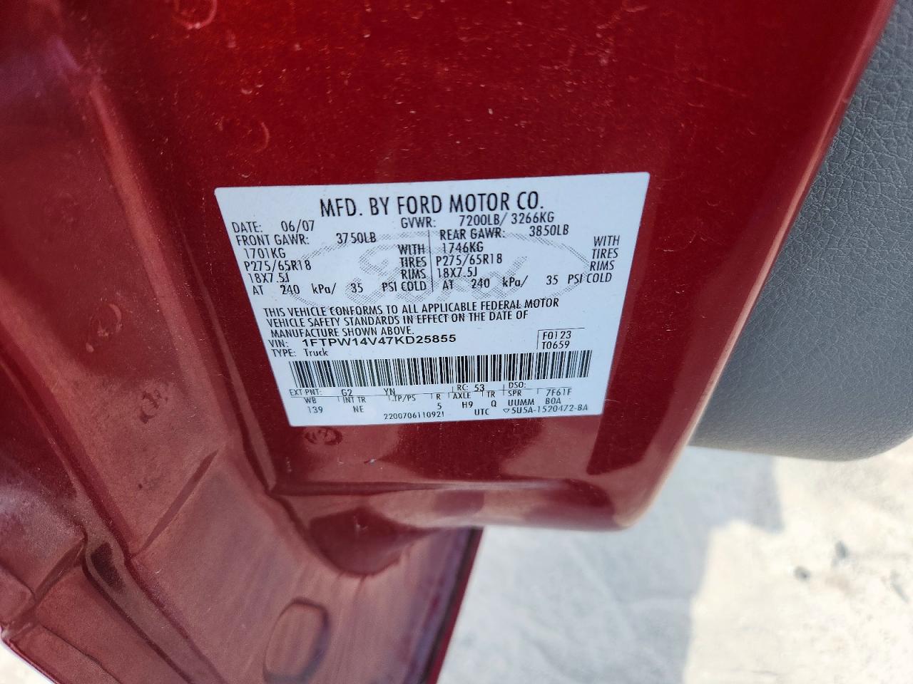 2007 Ford F150 Supercrew Red vin: 1FTPW14V47KD25855