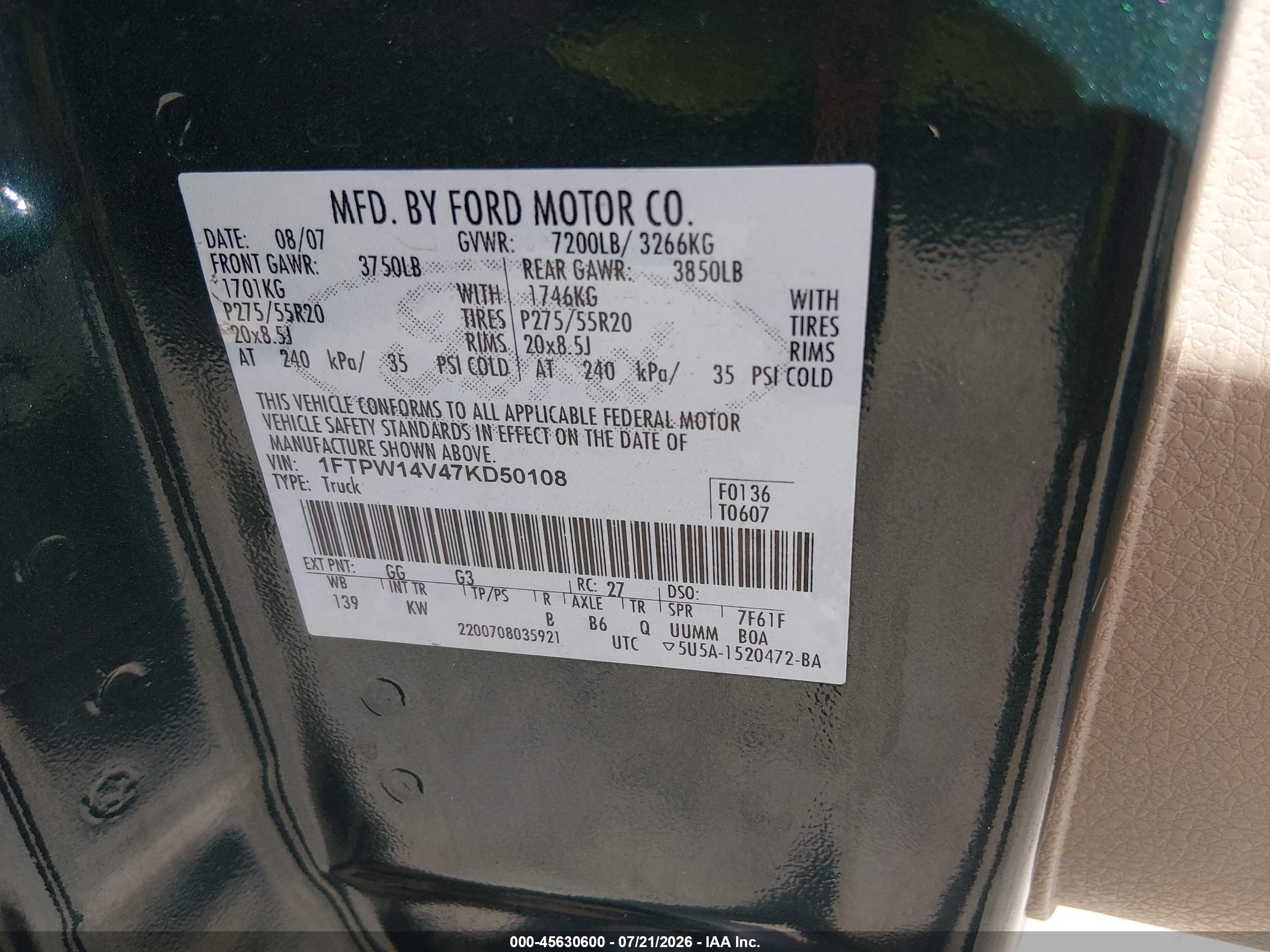 2007 Ford F-150 Fx4/lariat/xlt Green vin: 1FTPW14V47KD50108