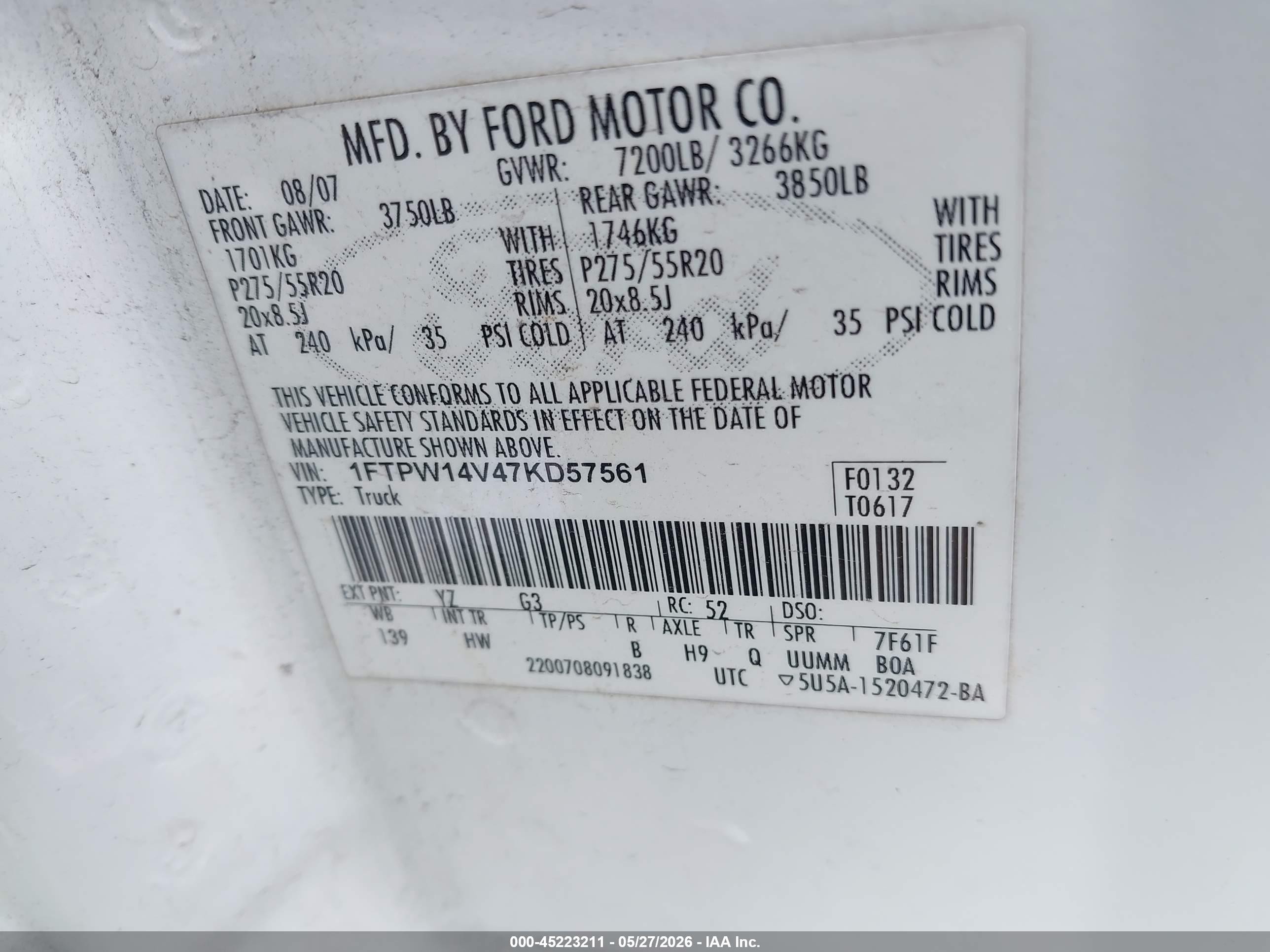 2007 Ford F-150 Fx4/lariat/xlt White vin: 1FTPW14V47KD57561