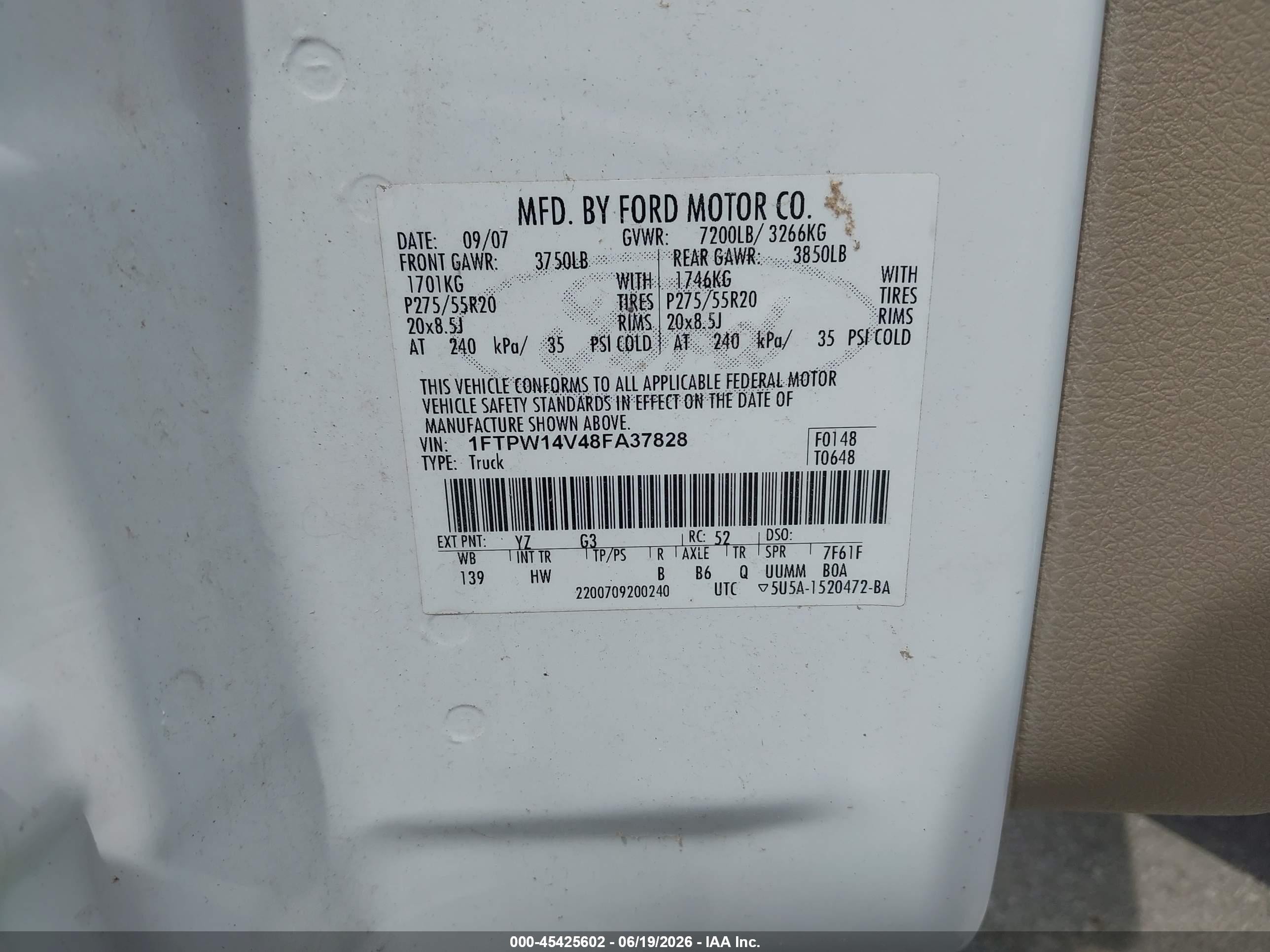 2008 Ford F-150 60th Anniversary/fx4/king Ranch/lariat/xlt White vin: 1FTPW14V48FA37828