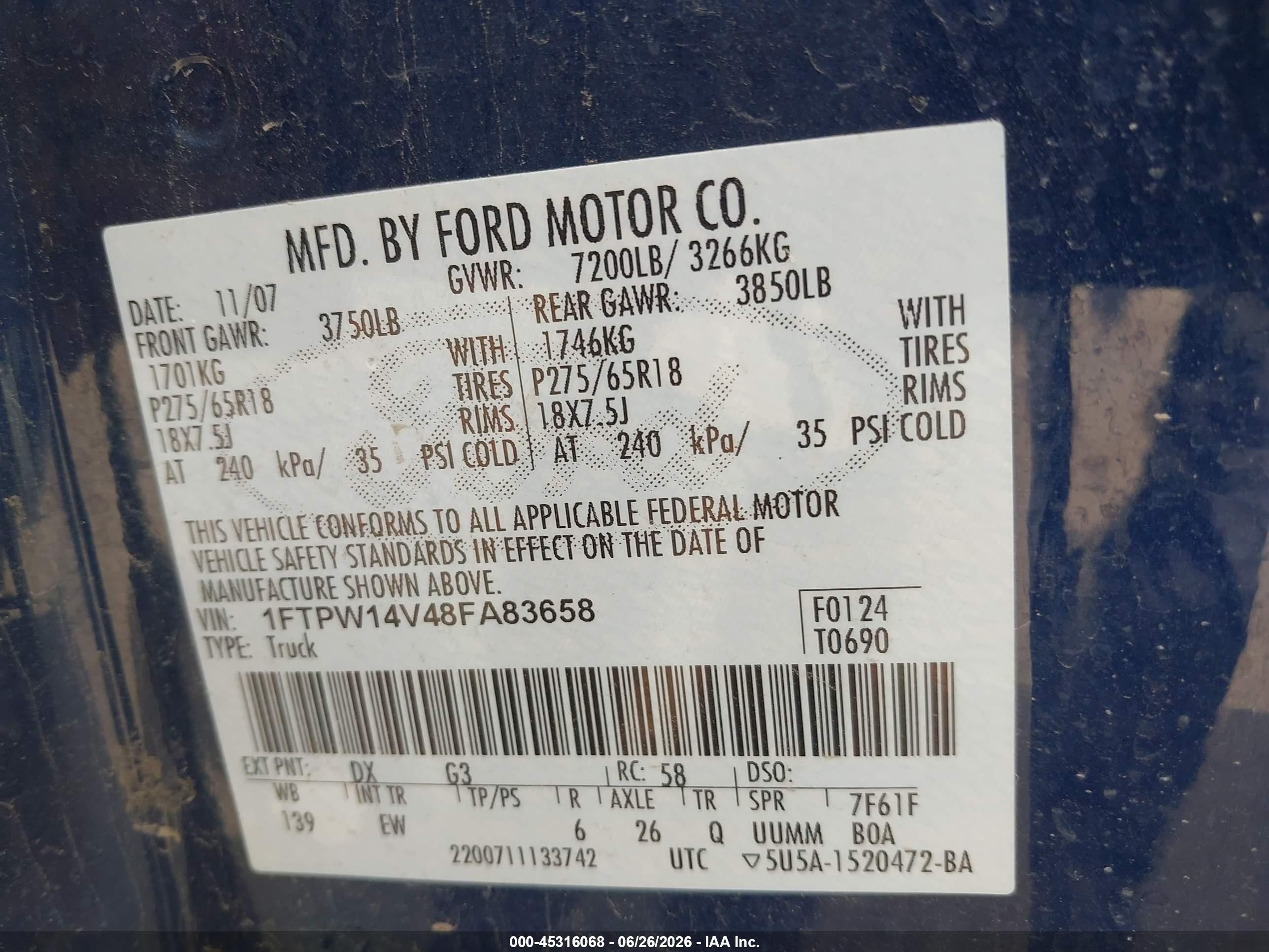 2008 Ford F-150 60th Anniversary/fx4/king Ranch/lariat/xlt Синий vin: 1FTPW14V48FA83658