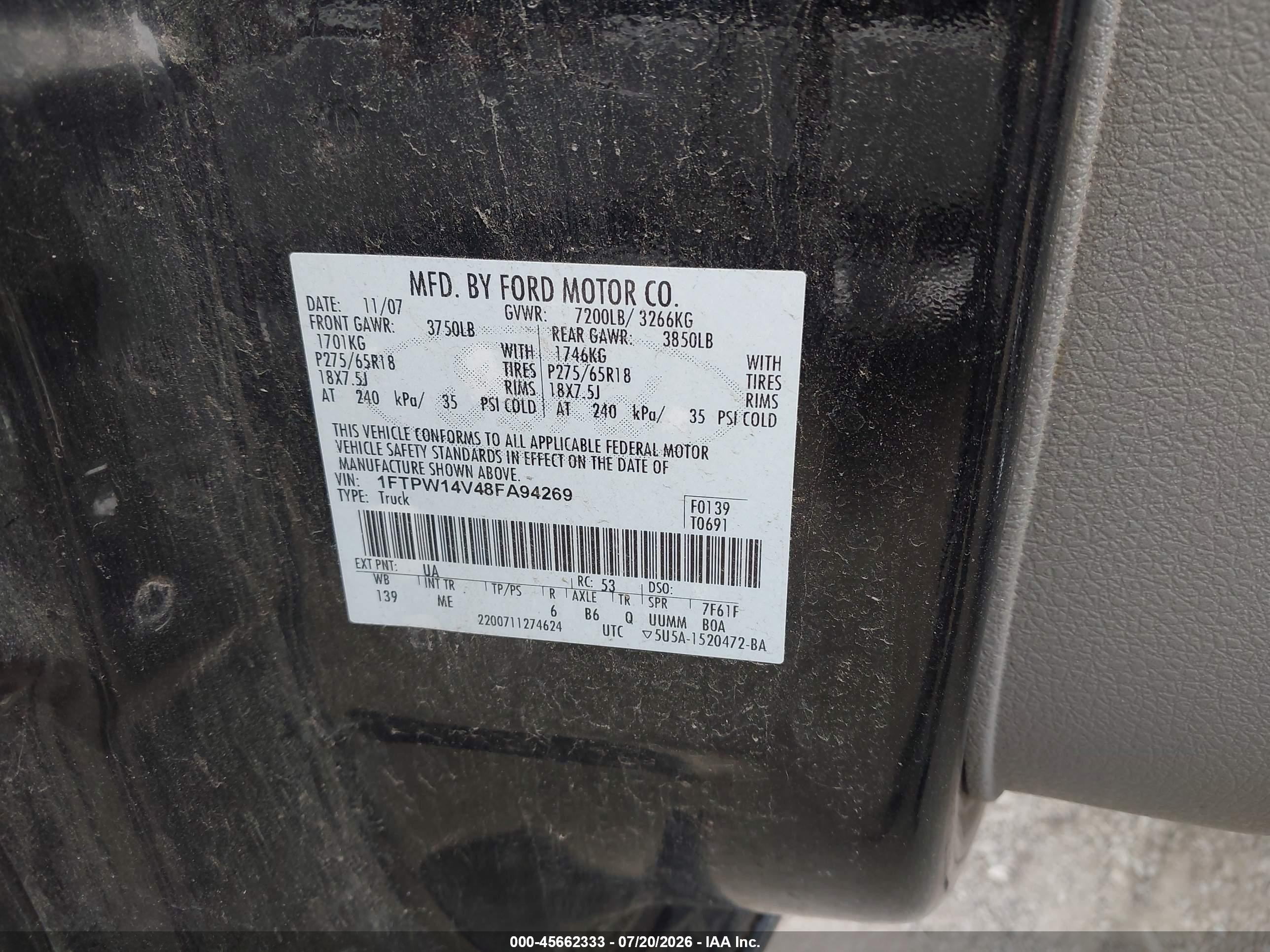 2008 Ford F-150 60th Anniversary/fx4/king Ranch/lariat/xlt Black vin: 1FTPW14V48FA94269