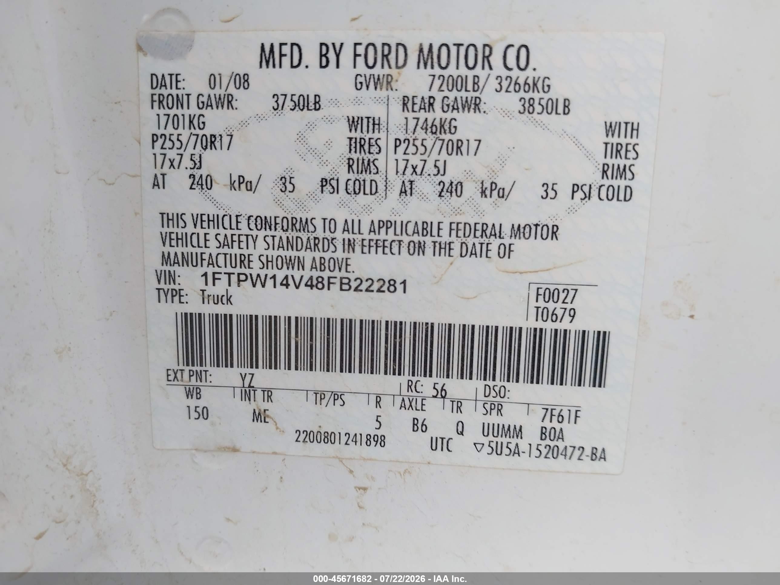 2008 Ford F-150 60th Anniversary/fx4/king Ranch/lariat/xlt White vin: 1FTPW14V48FB22281