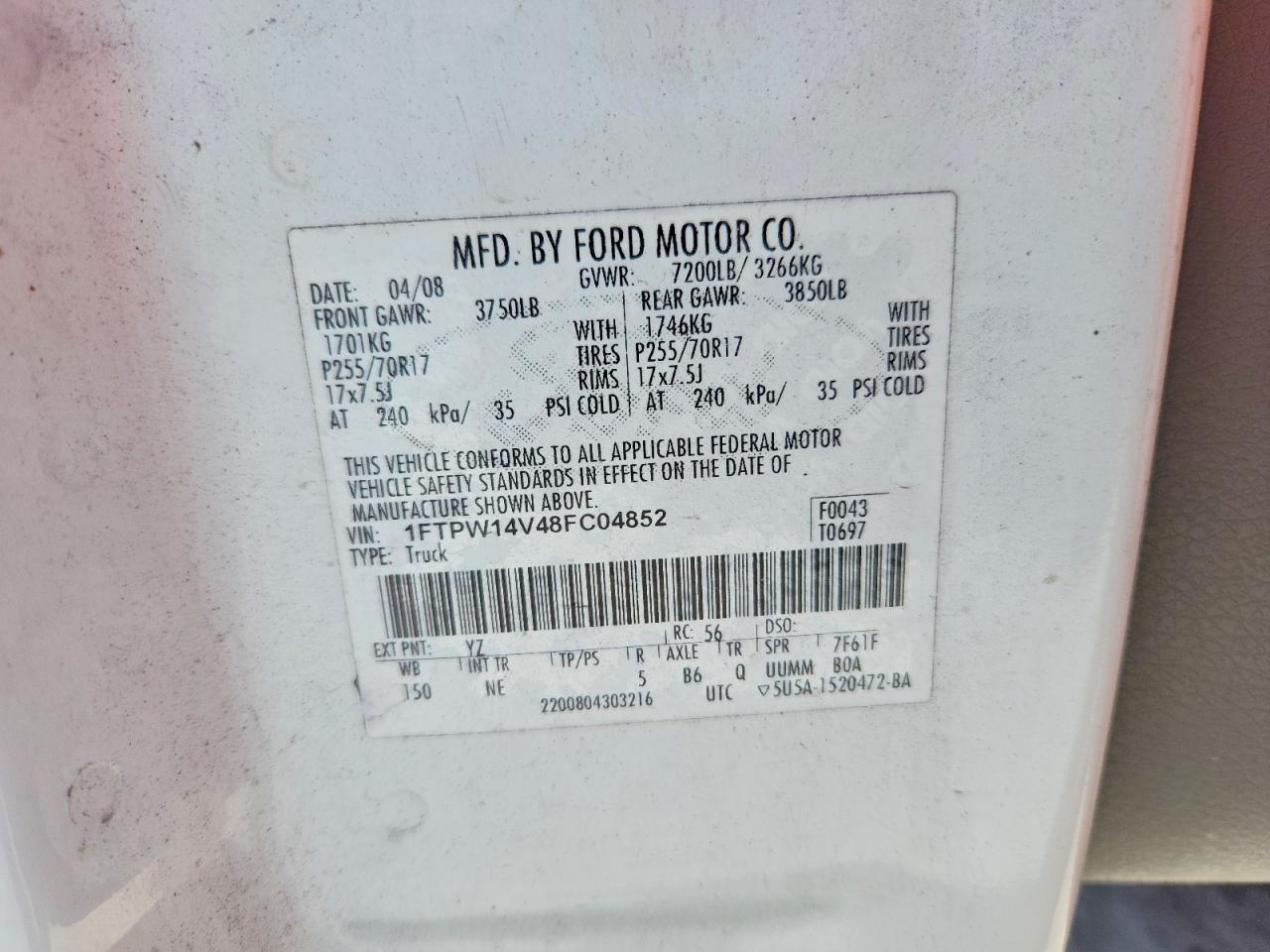 2008 Ford F150 Supercrew White vin: 1FTPW14V48FC04852