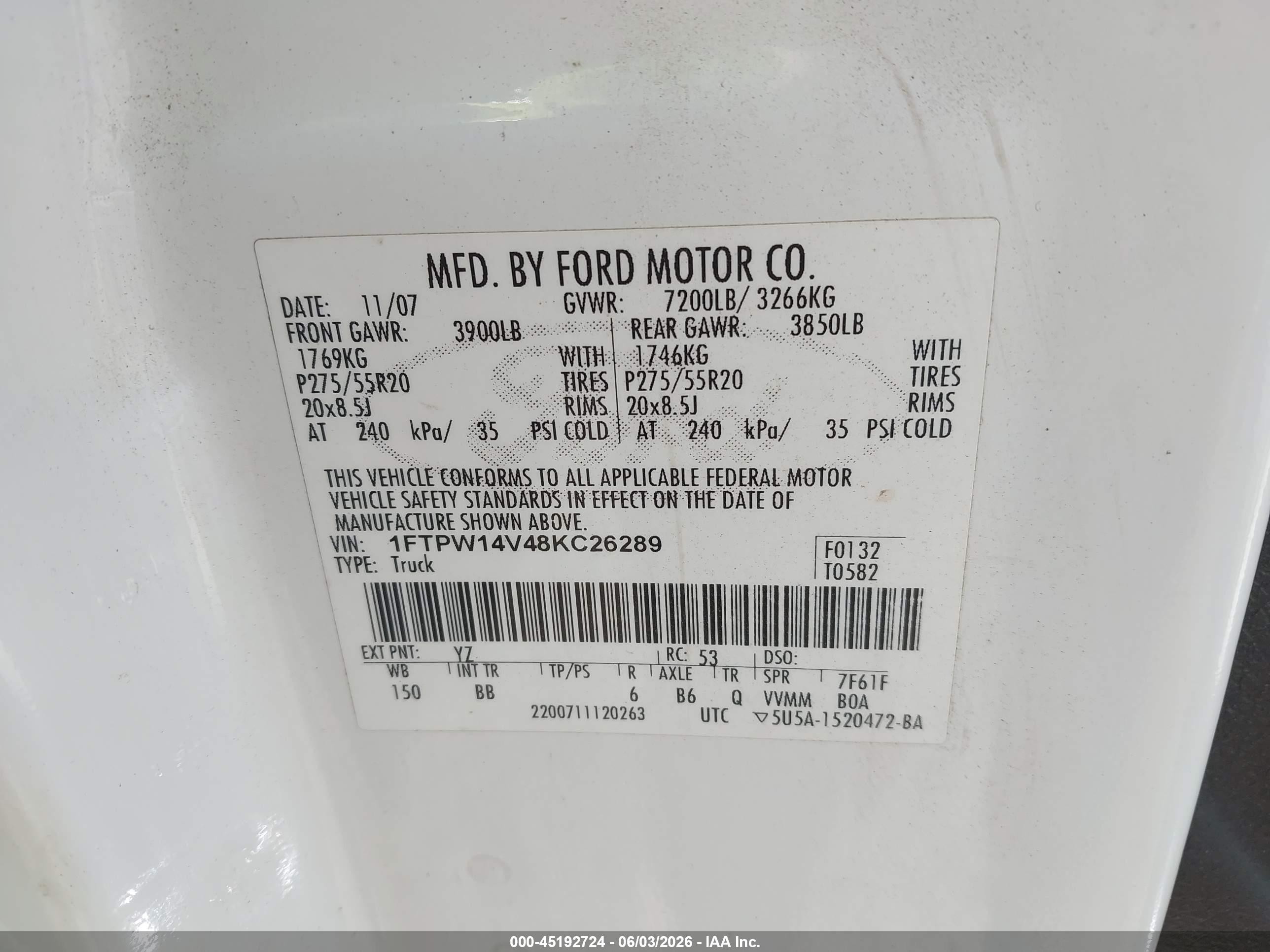 2008 Ford F-150 Fx4 White vin: 1FTPW14V48KC26289