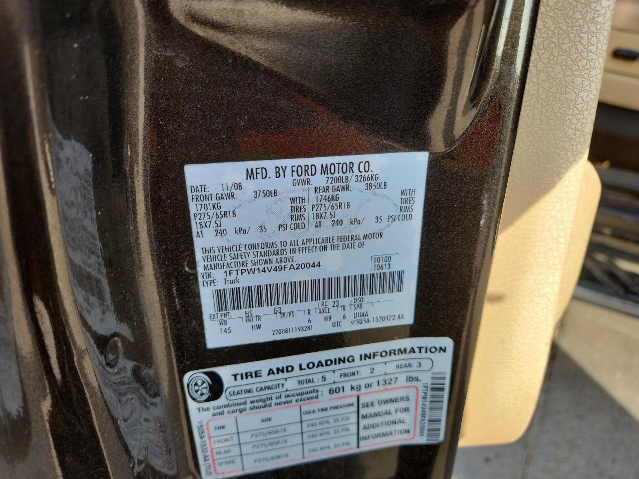 2009 Ford F150 Supercrew Brown vin: 1FTPW14V49FA20044