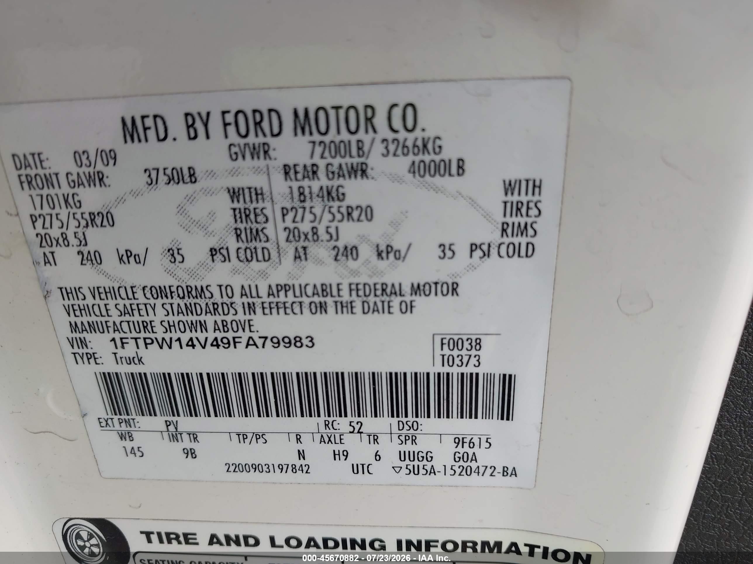 2009 Ford F-150 Fx4/king Ranch/lariat/platinum/xl/xlt White vin: 1FTPW14V49FA79983