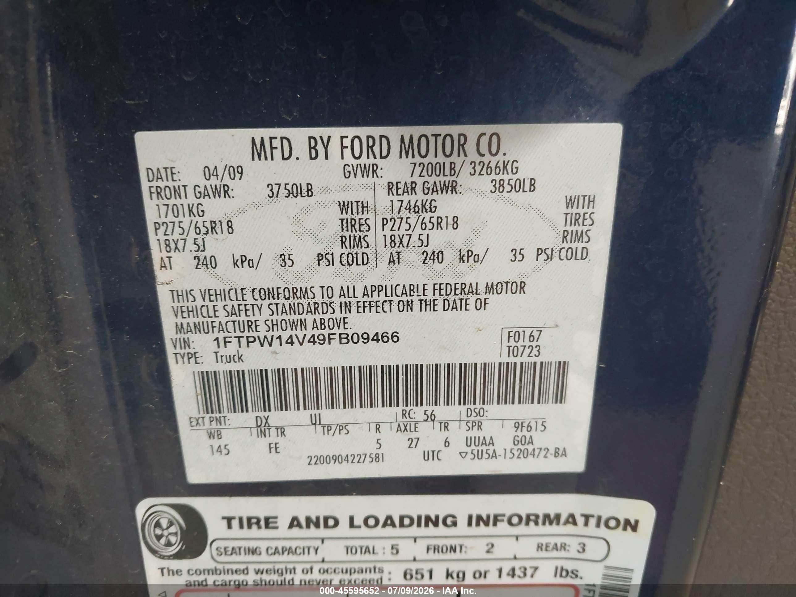 2009 Ford F-150 Fx4/king Ranch/lariat/platinum/xl/xlt Синий vin: 1FTPW14V49FB09466