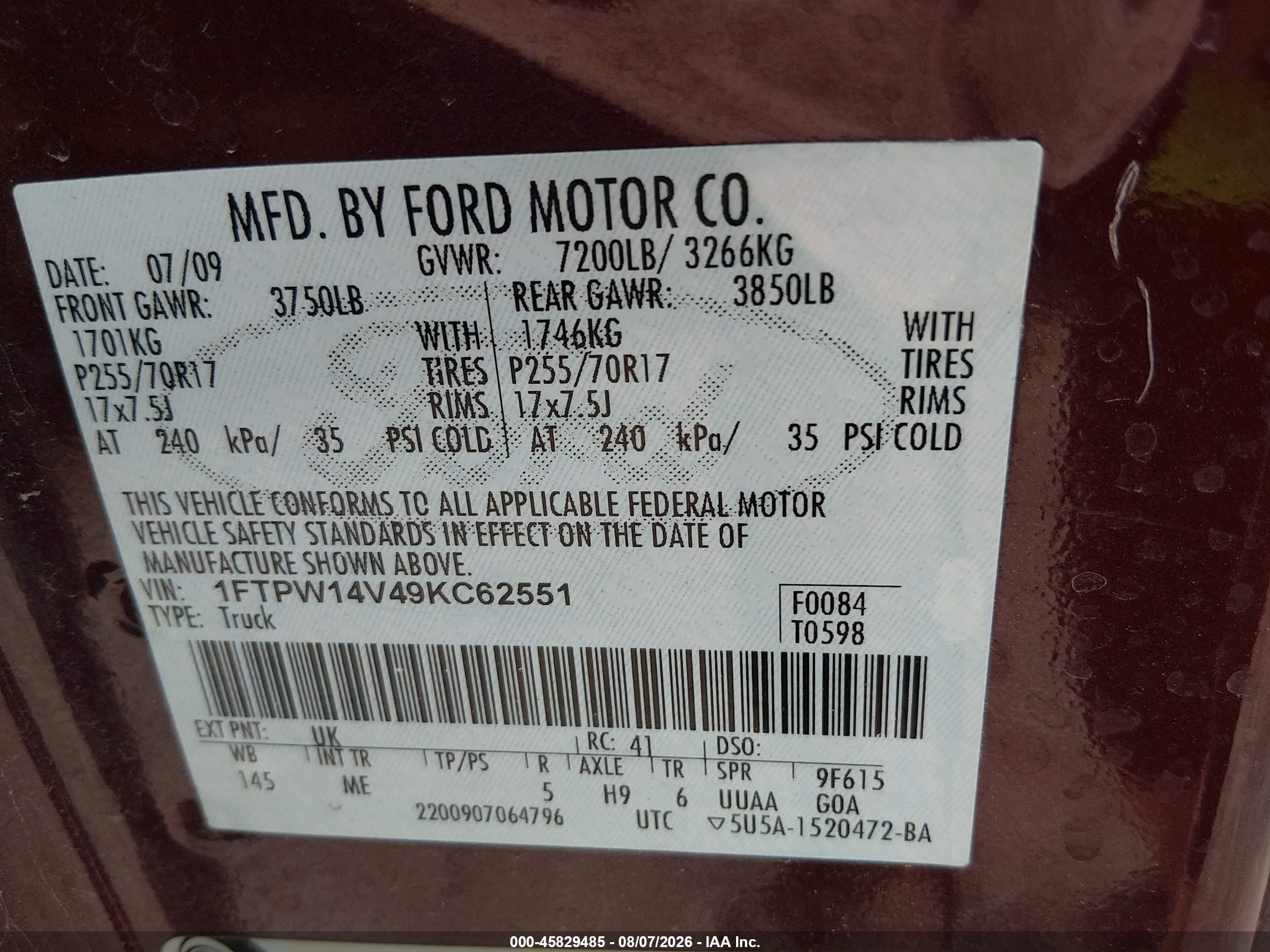 2009 Ford F-150 Fx4/king Ranch/lariat/platinum/xl/xlt Maroon vin: 1FTPW14V49KC62551