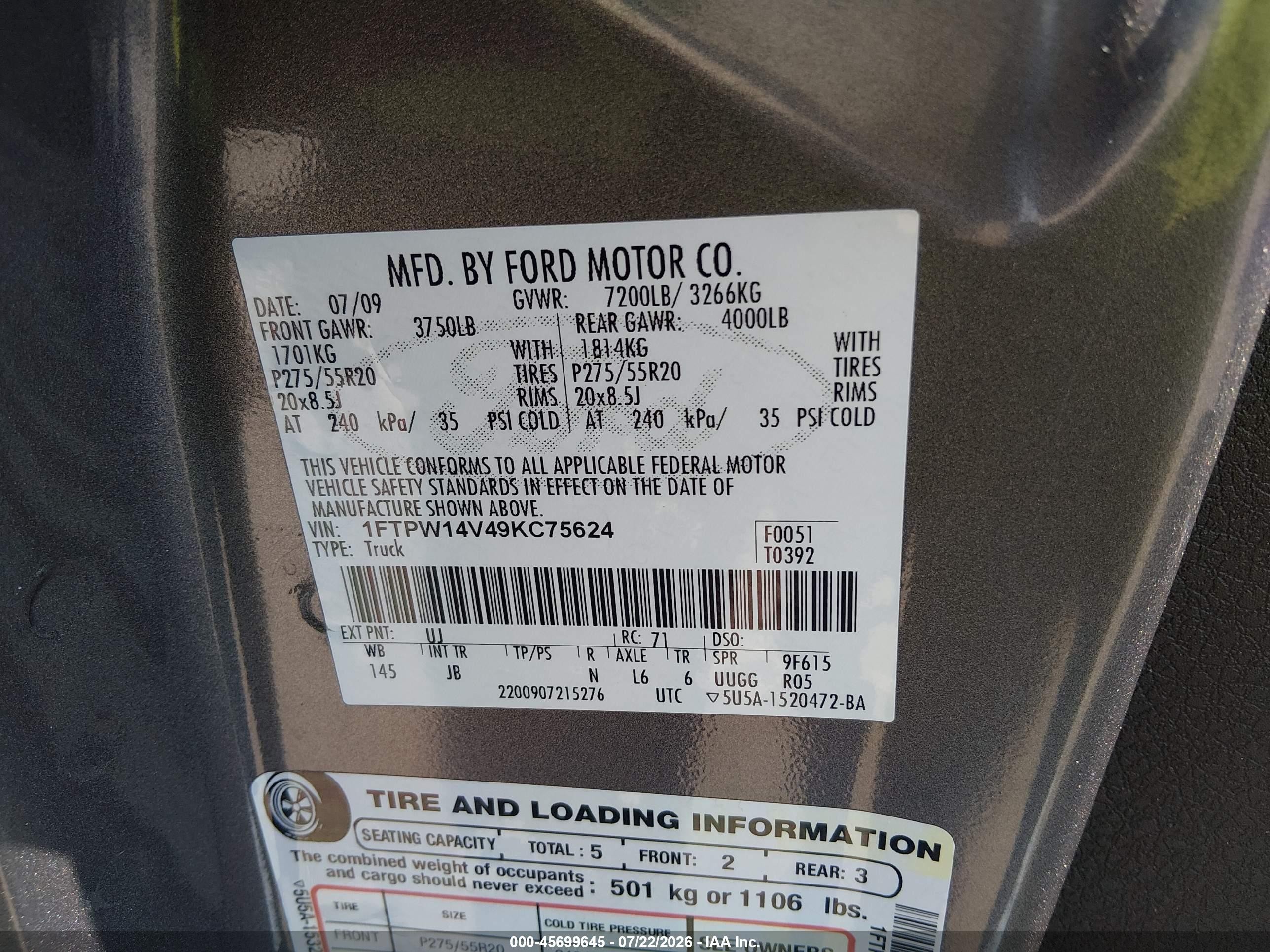 2009 Ford F-150 Fx4/king Ranch/lariat/platinum/xl/xlt Gray vin: 1FTPW14V49KC75624