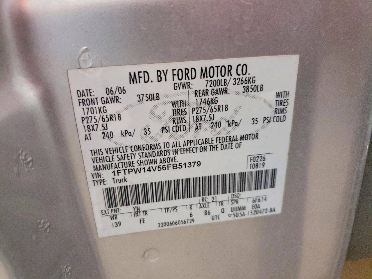 2006 Ford F150 Supercrew Silver vin: 1FTPW14V56FB51379